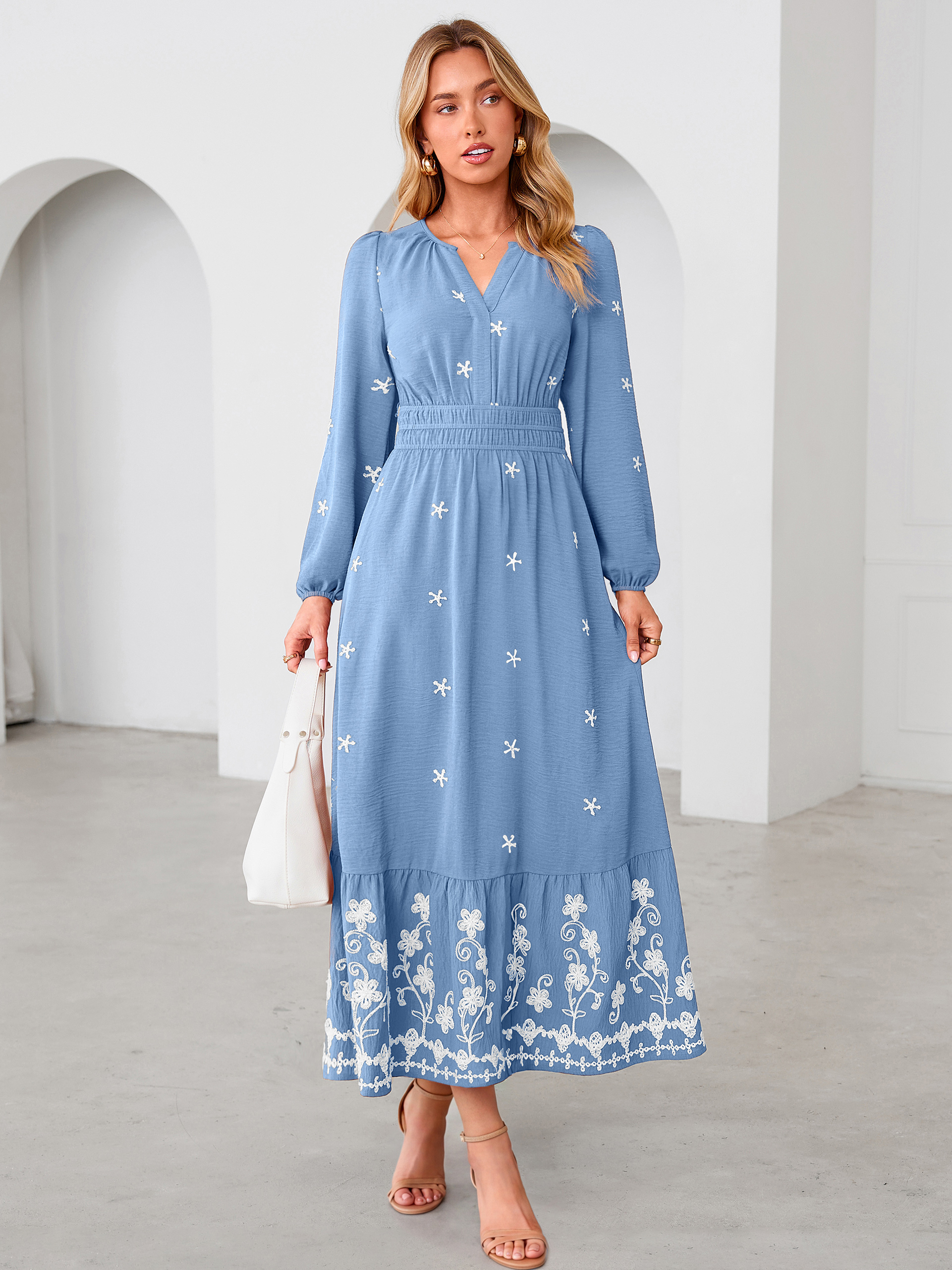 Boho Floral Embroidered Long Sleeve Maxi Dress