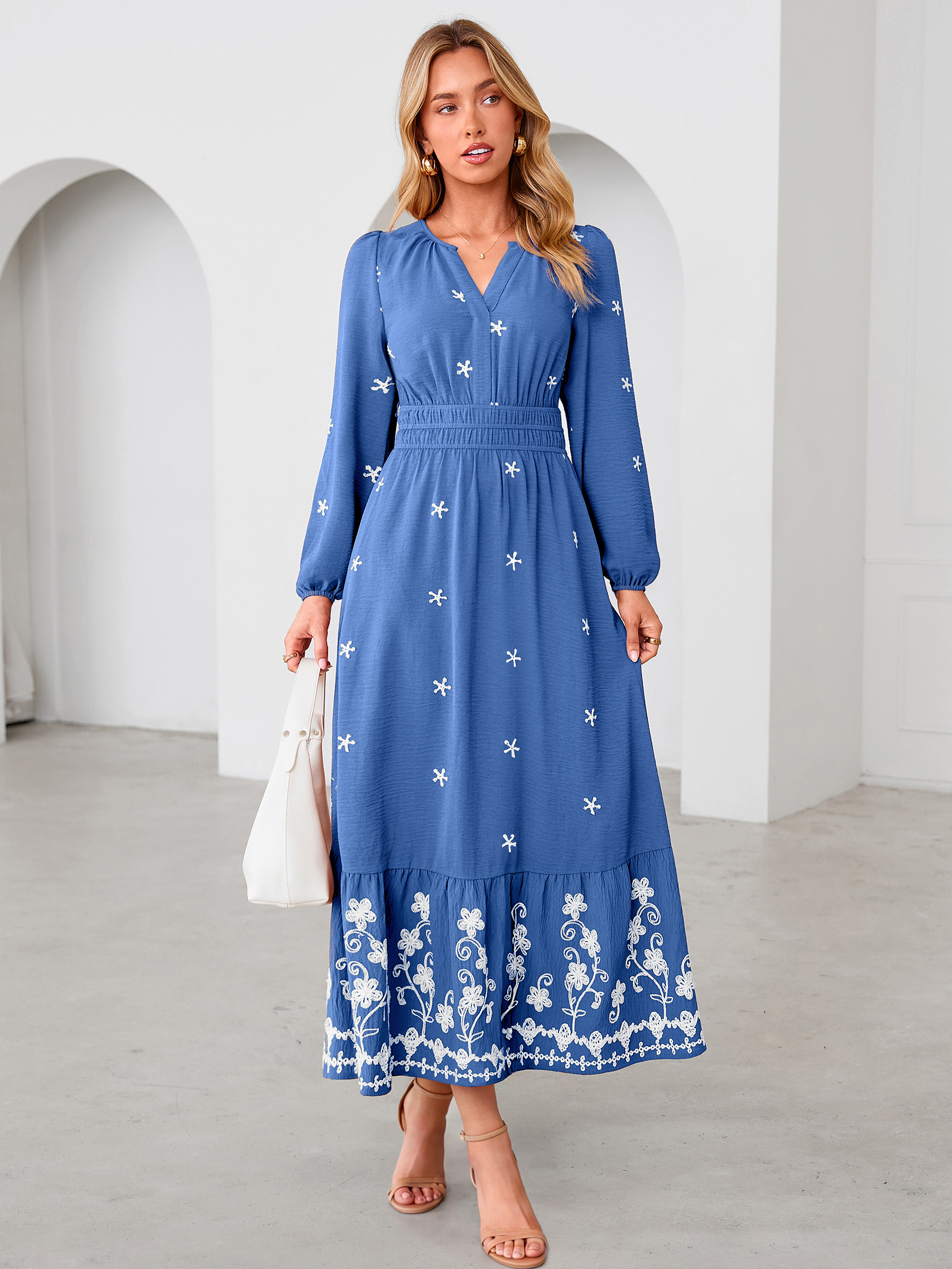 Boho Floral Embroidered Long Sleeve Maxi Dress