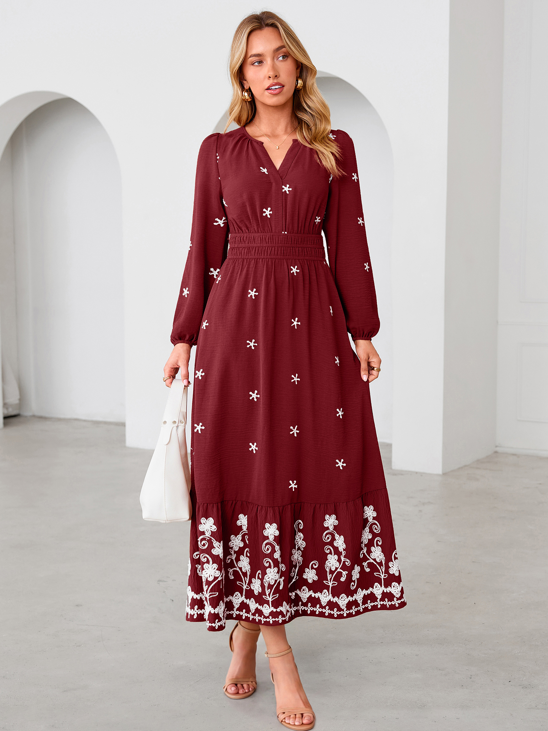 Boho Floral Embroidered Long Sleeve Maxi Dress