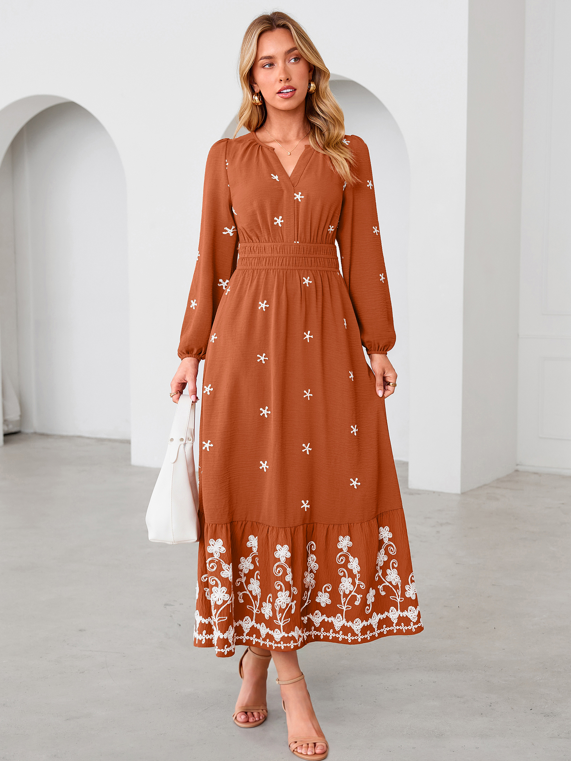 Boho Floral Embroidered Long Sleeve Maxi Dress