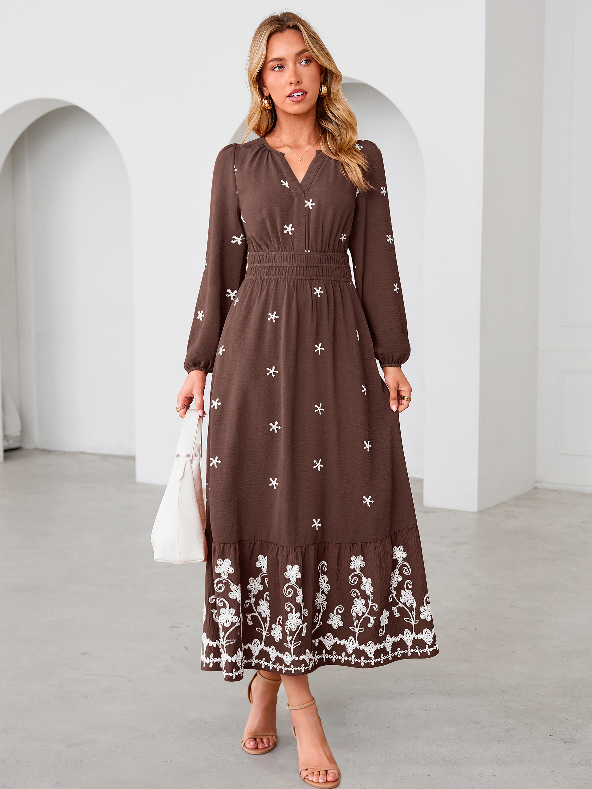 Boho Floral Embroidered Long Sleeve Maxi Dress