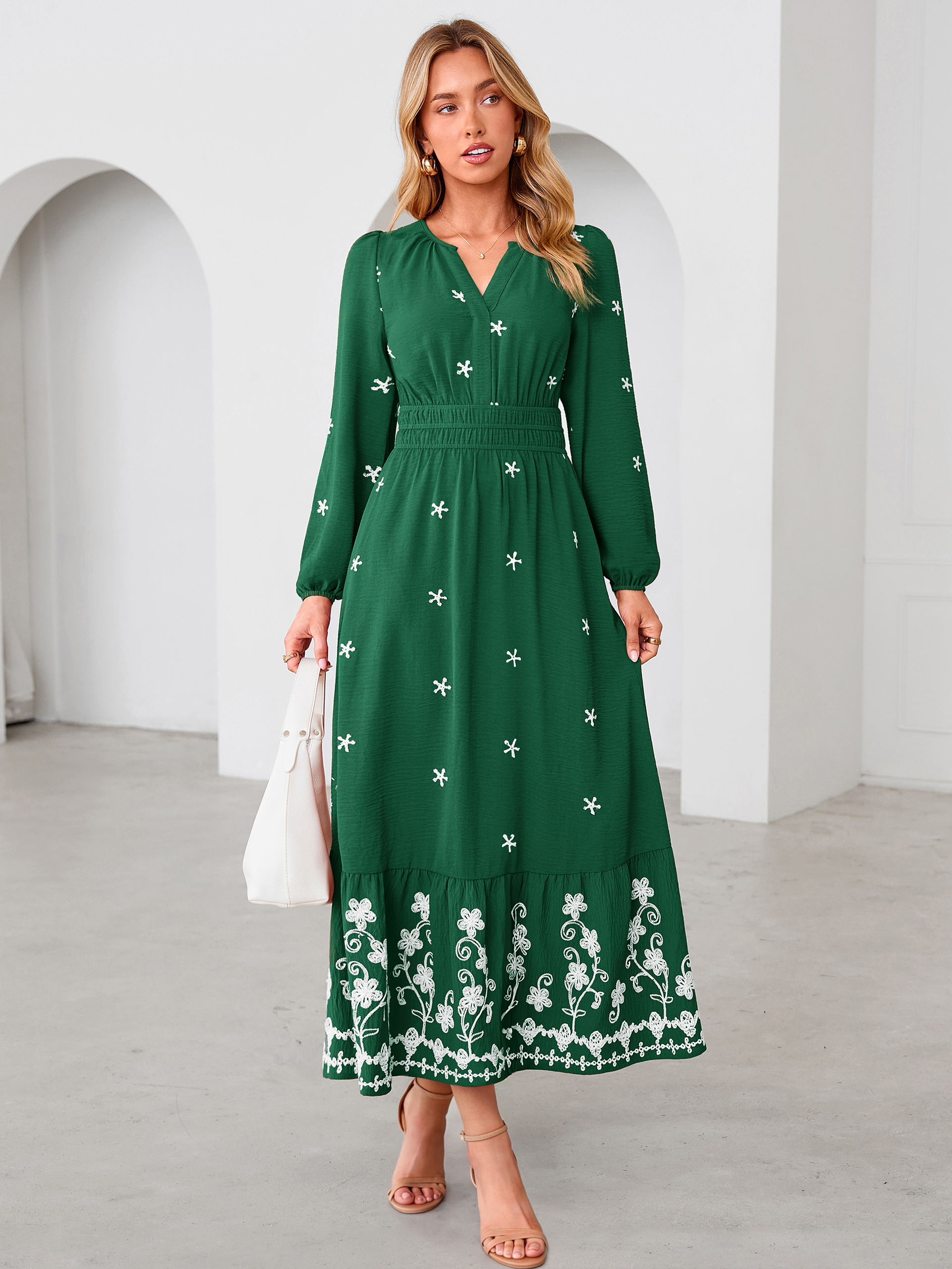 Boho Floral Embroidered Long Sleeve Maxi Dress