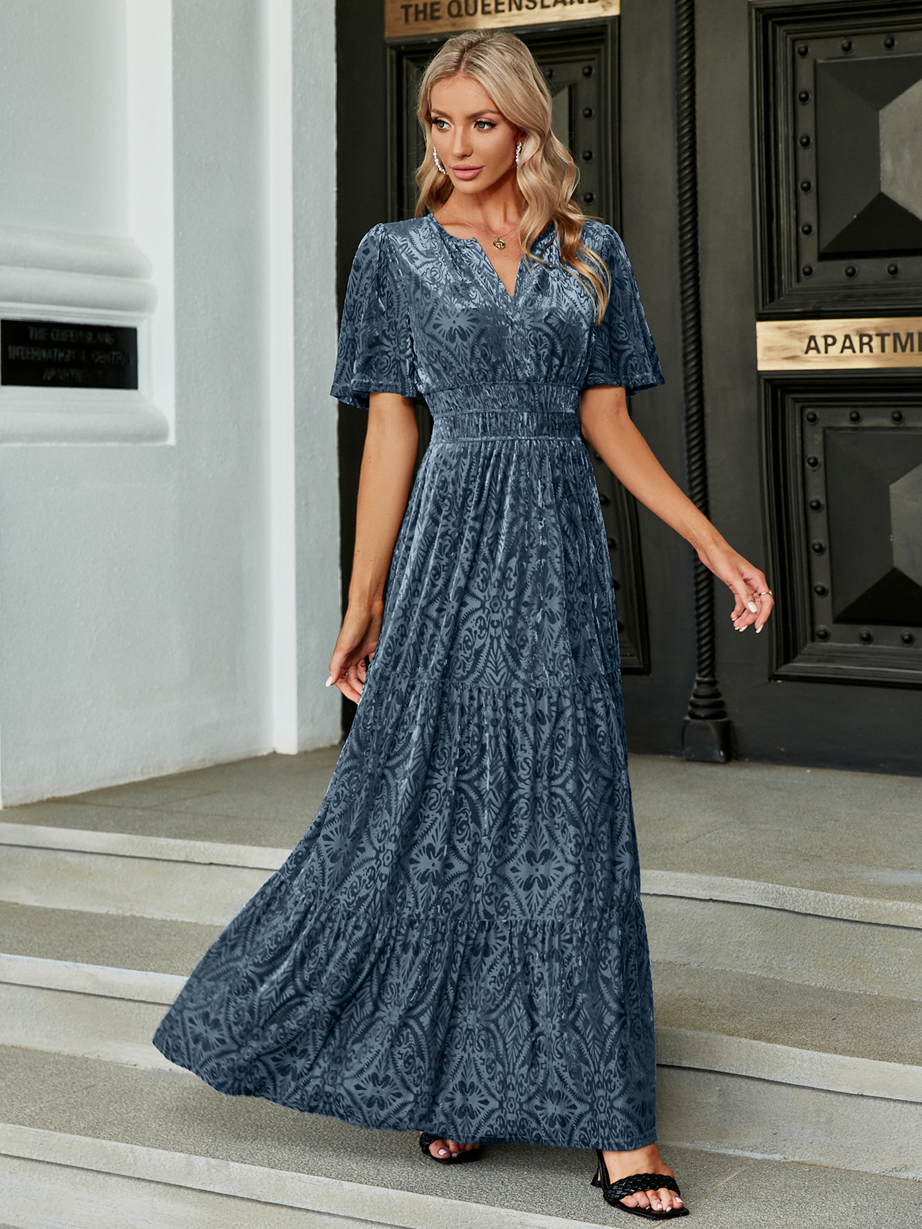Velvet Print V-Neck Empire Tiered Ruffle Maxi Dress