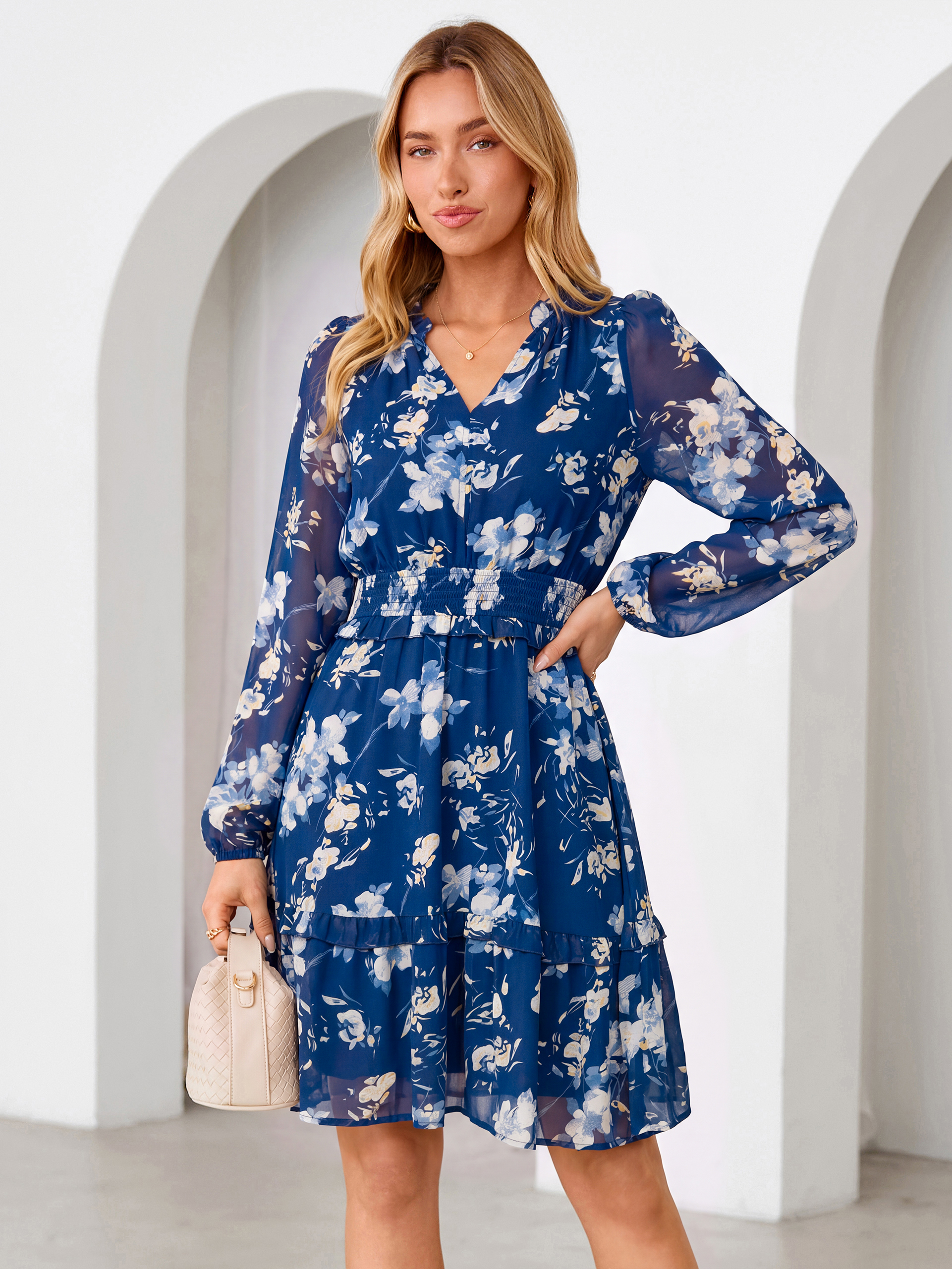 Chiffon Floral Print Long Sleeve Smocked Mini Dress