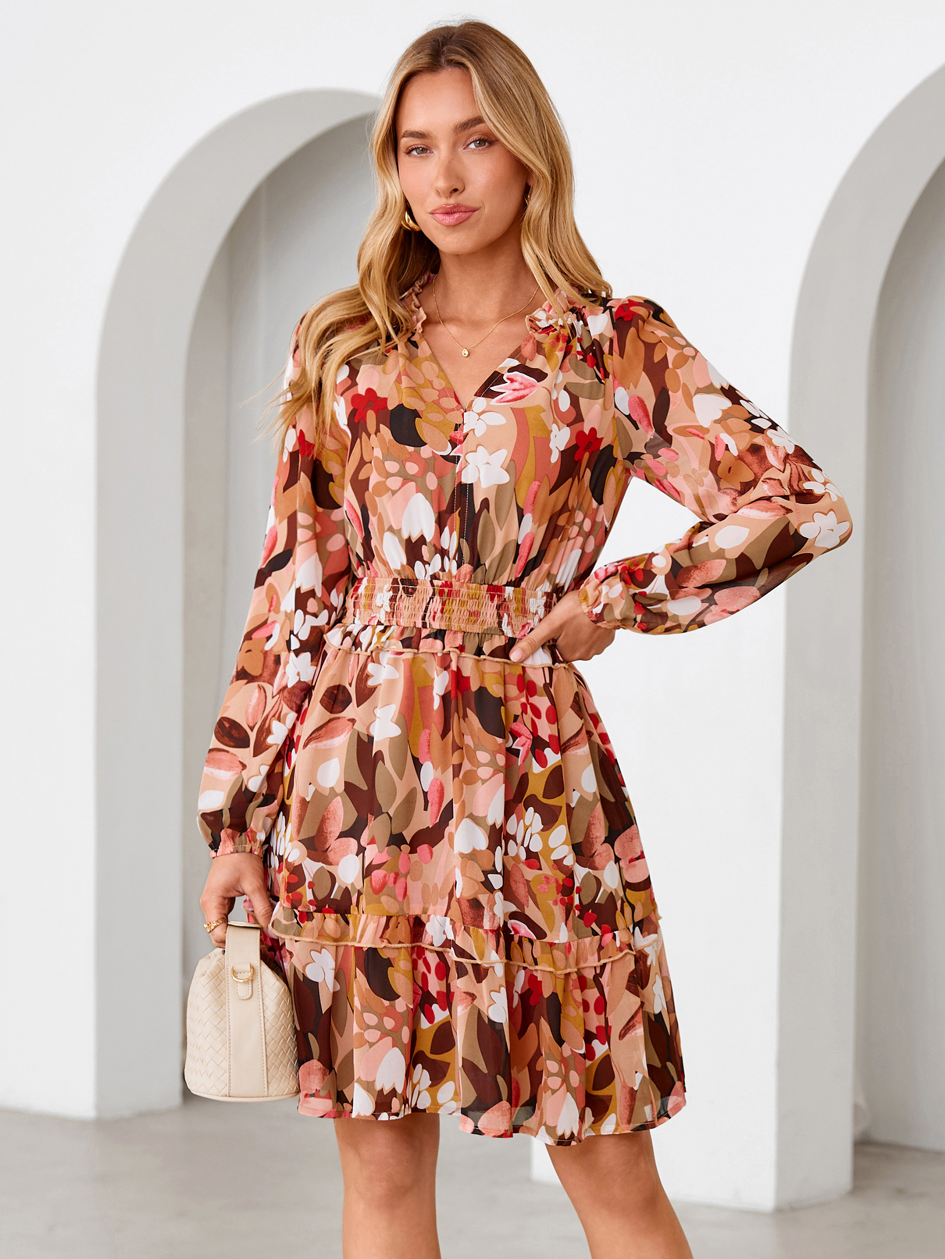 Chiffon Floral Print Long Sleeve Smocked Mini Dress