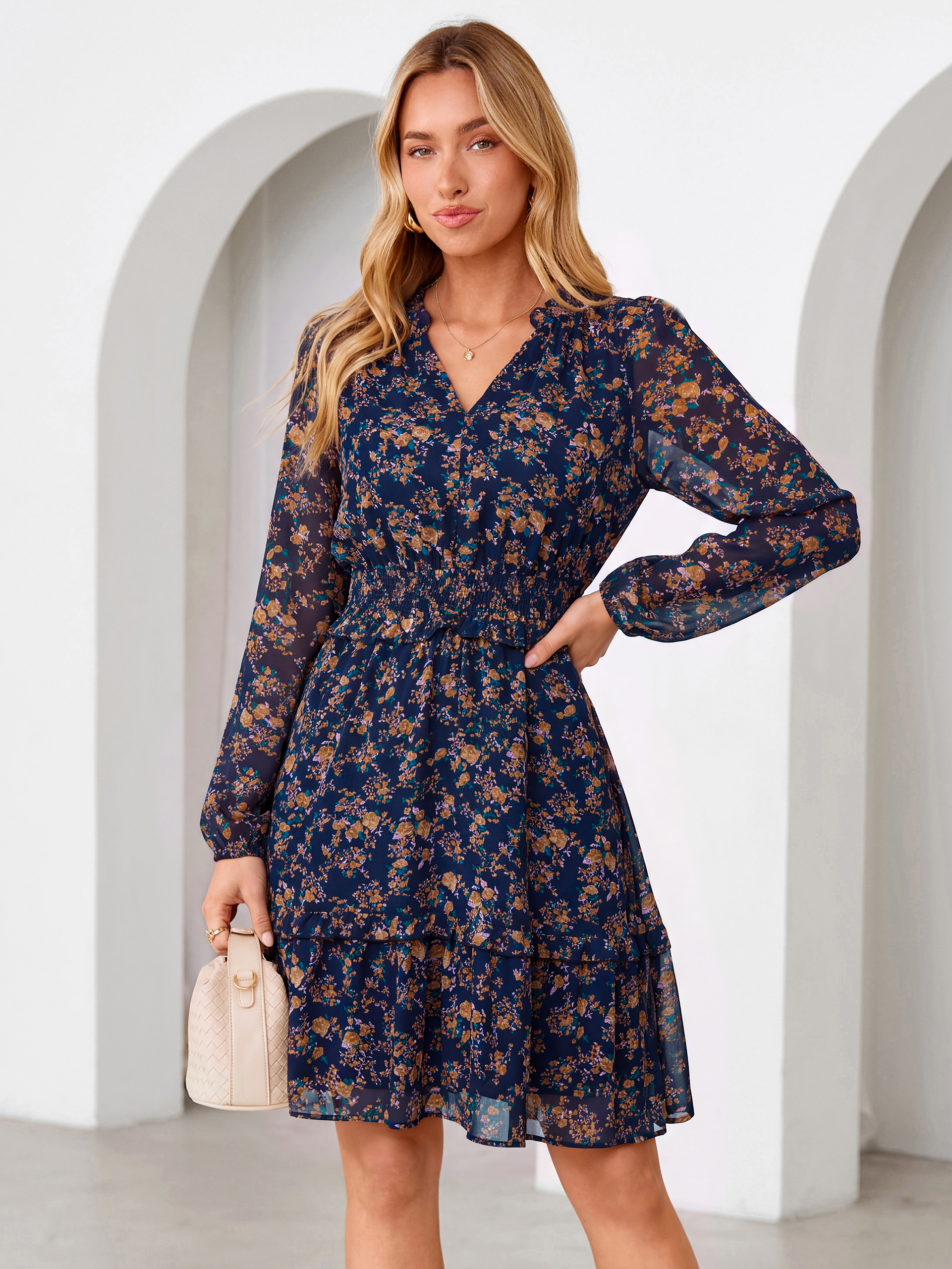 Chiffon Floral Print Long Sleeve Smocked Mini Dress