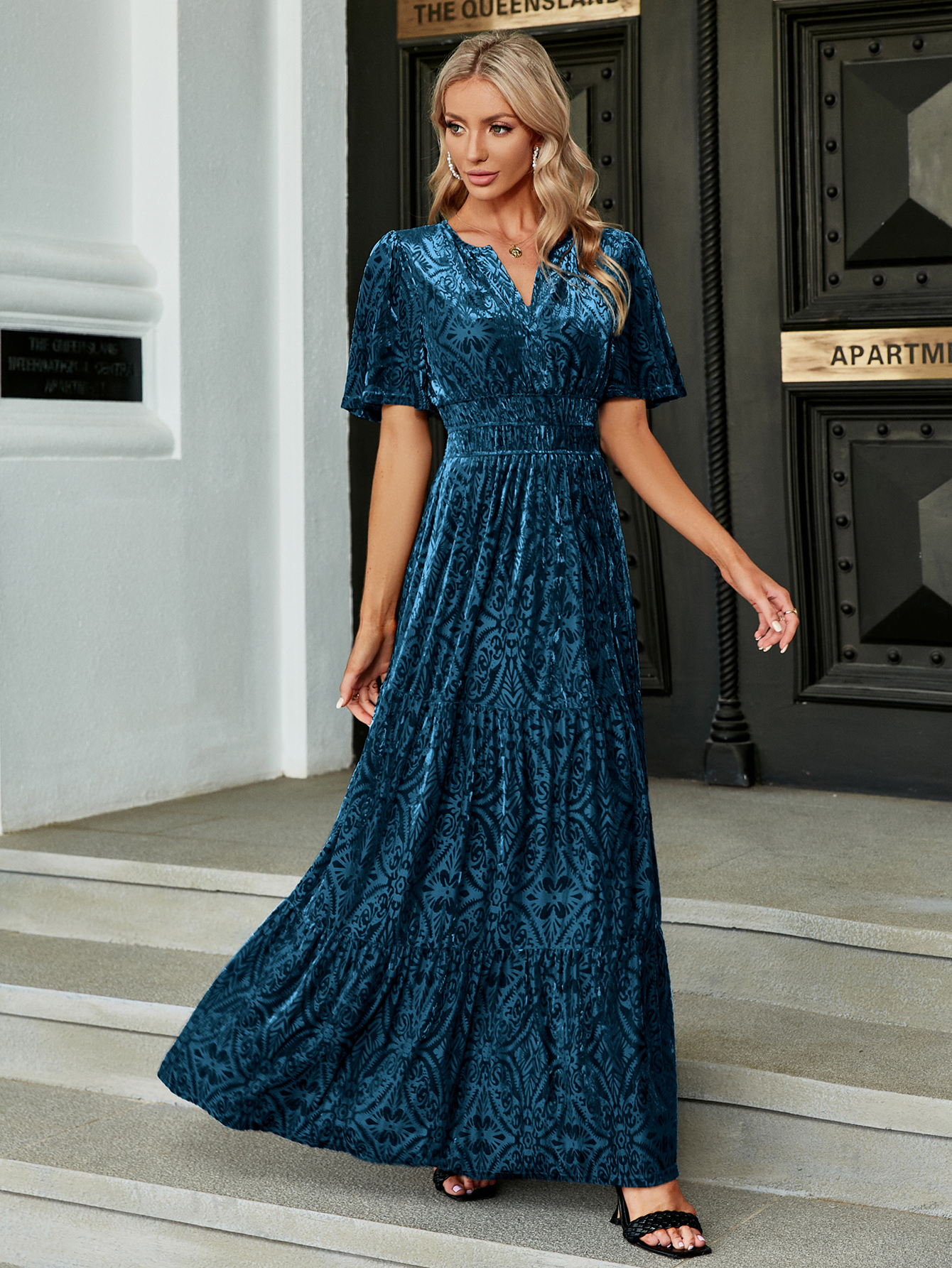 Velvet Print V-Neck Empire Tiered Ruffle Maxi Dress