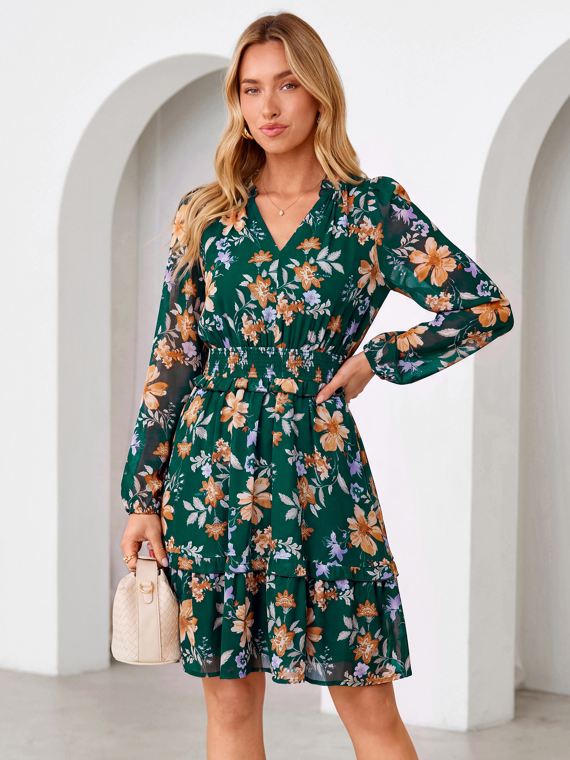 Chiffon Floral Print Long Sleeve Smocked Mini Dress