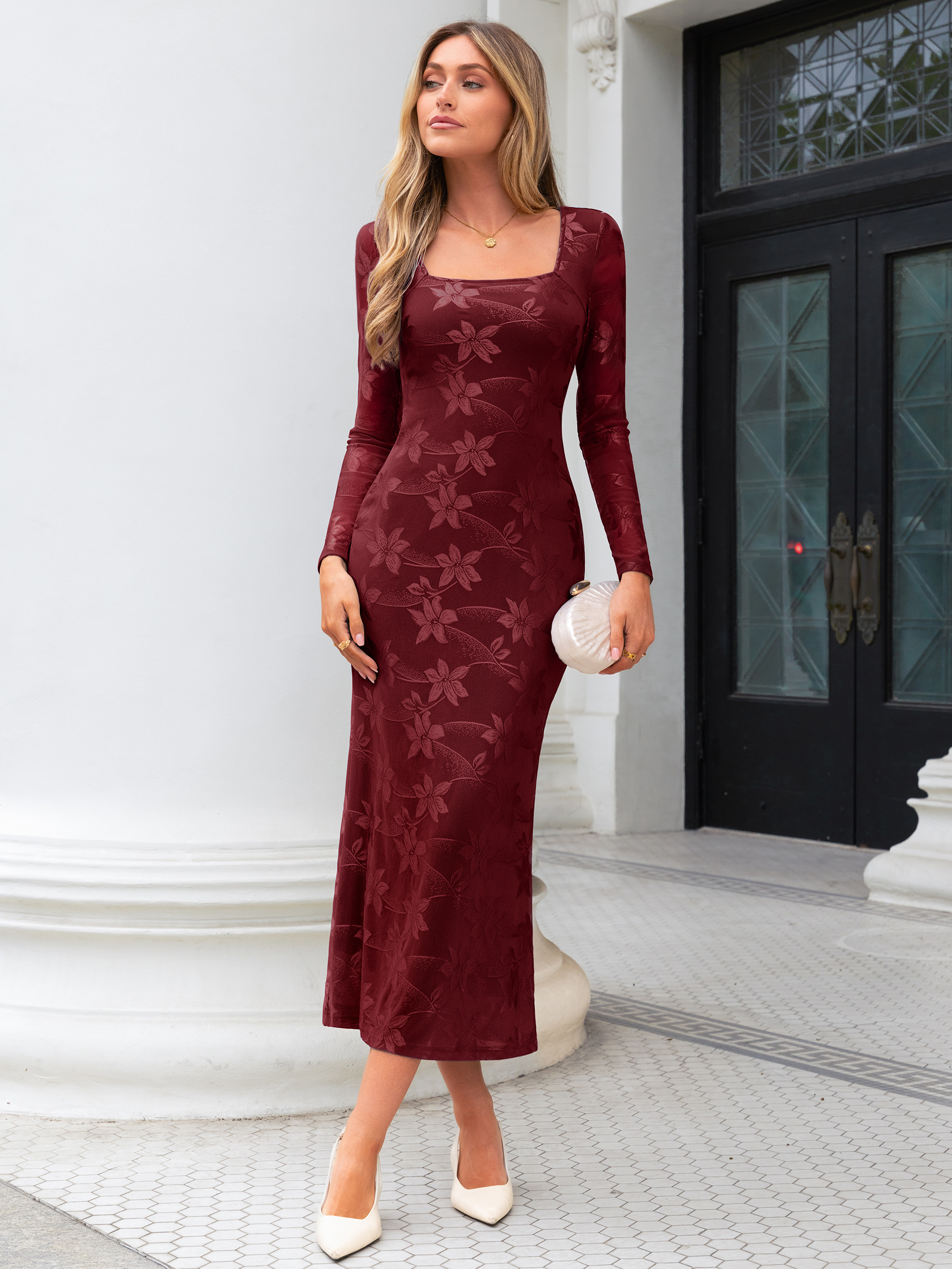 Floral Embossed Mesh Square Neck Bodycon Maxi Dress