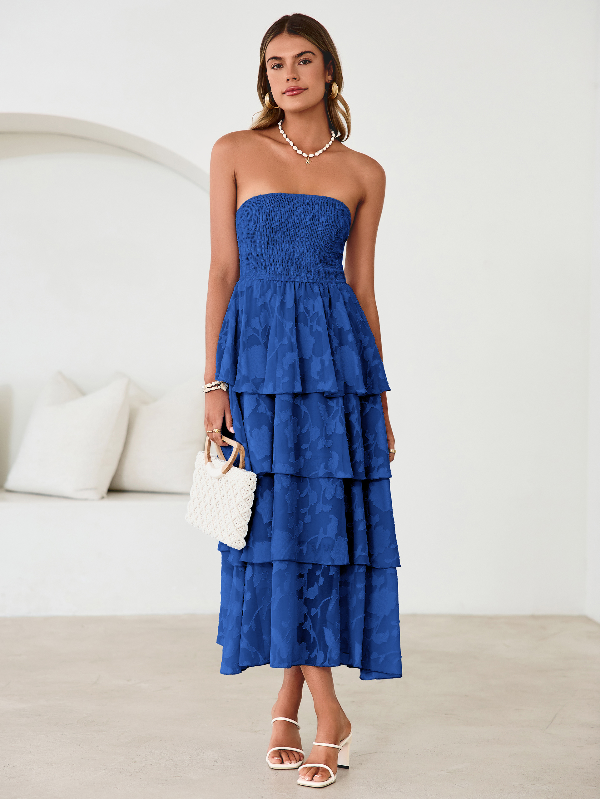 Floral Strapless Smocked Tiered Maxi Dress - Royal Blue