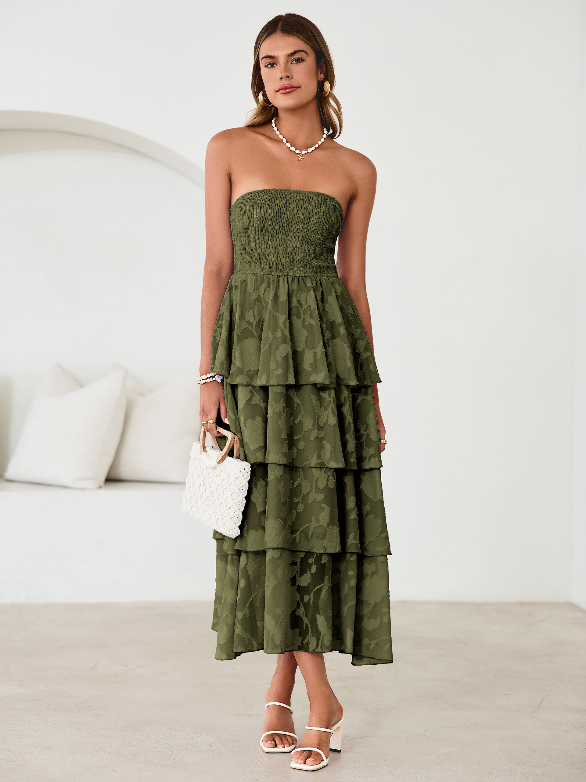 Floral Strapless Smocked Tiered Maxi Dress - Army Green