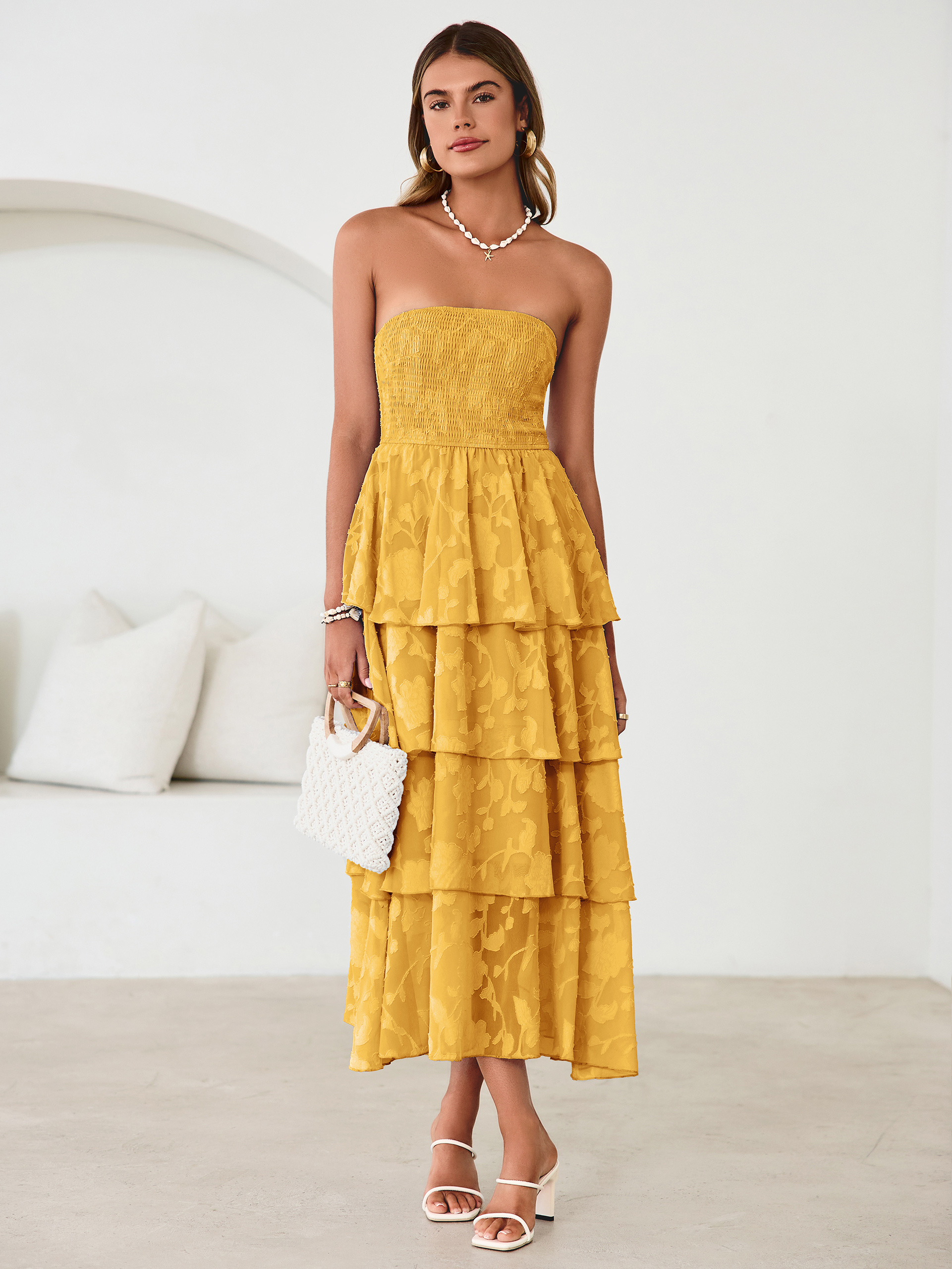 Floral Strapless Smocked Tiered Maxi Dress - Yellow