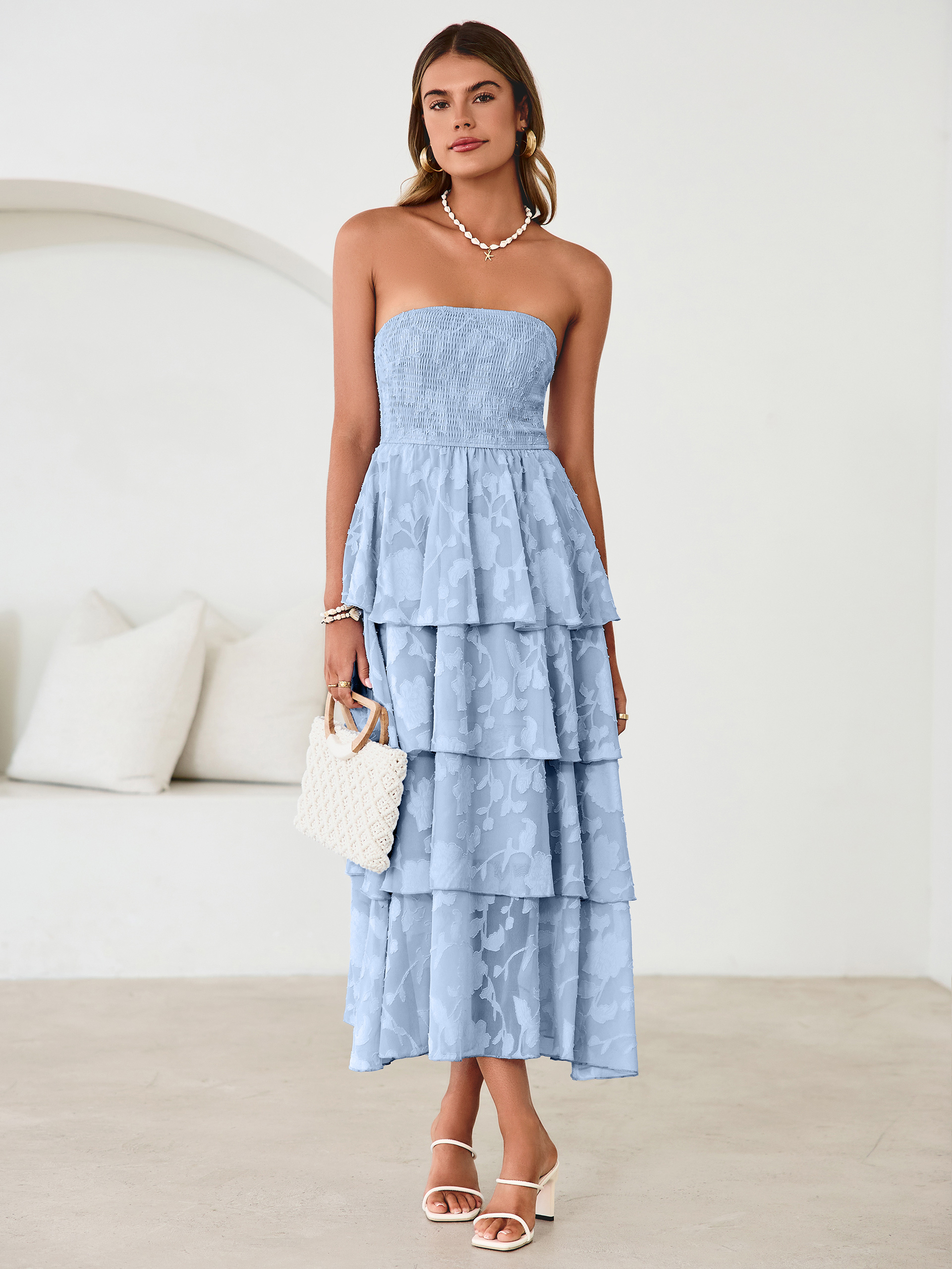 Floral Strapless Smocked Tiered Maxi Dress - Grey Blue