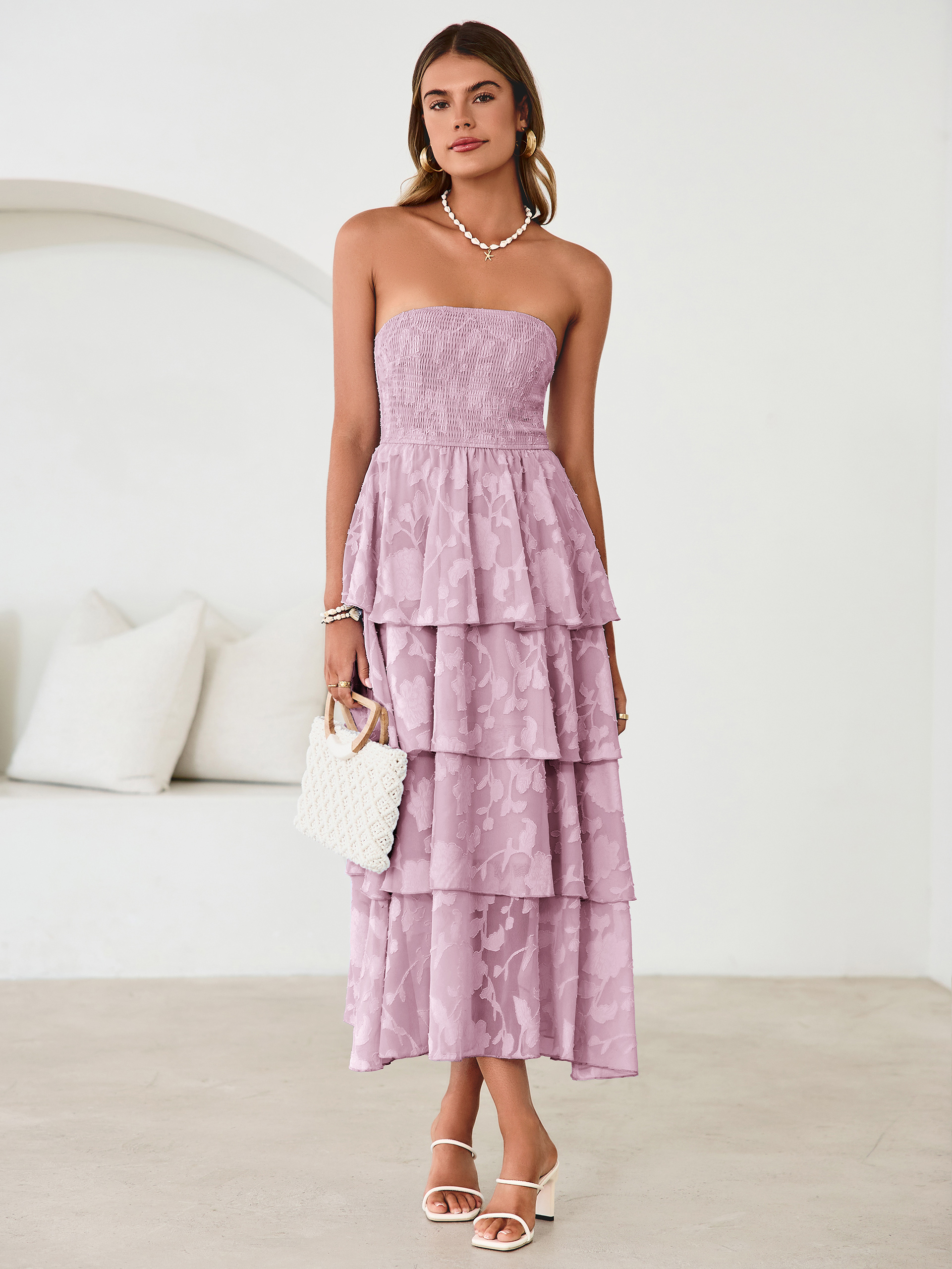 Floral Strapless Smocked Tiered Maxi Dress - Grey Pink