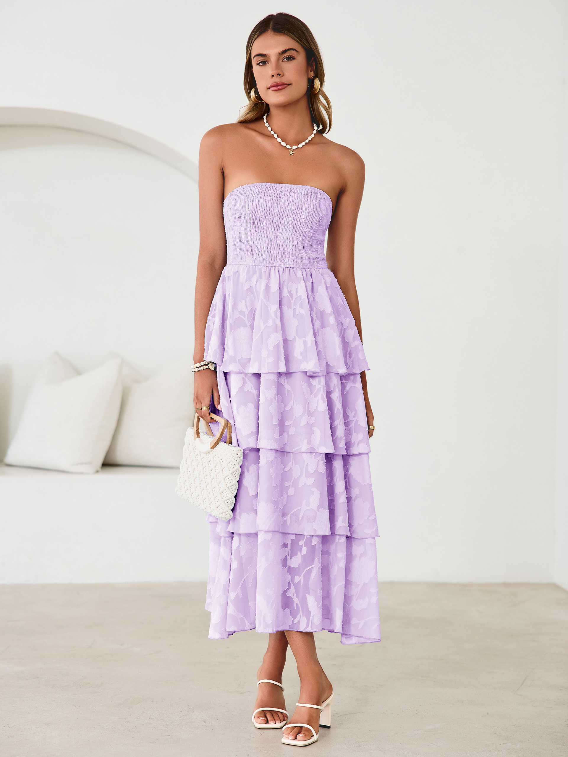 Floral Strapless Smocked Tiered Maxi Dress - Light Purple