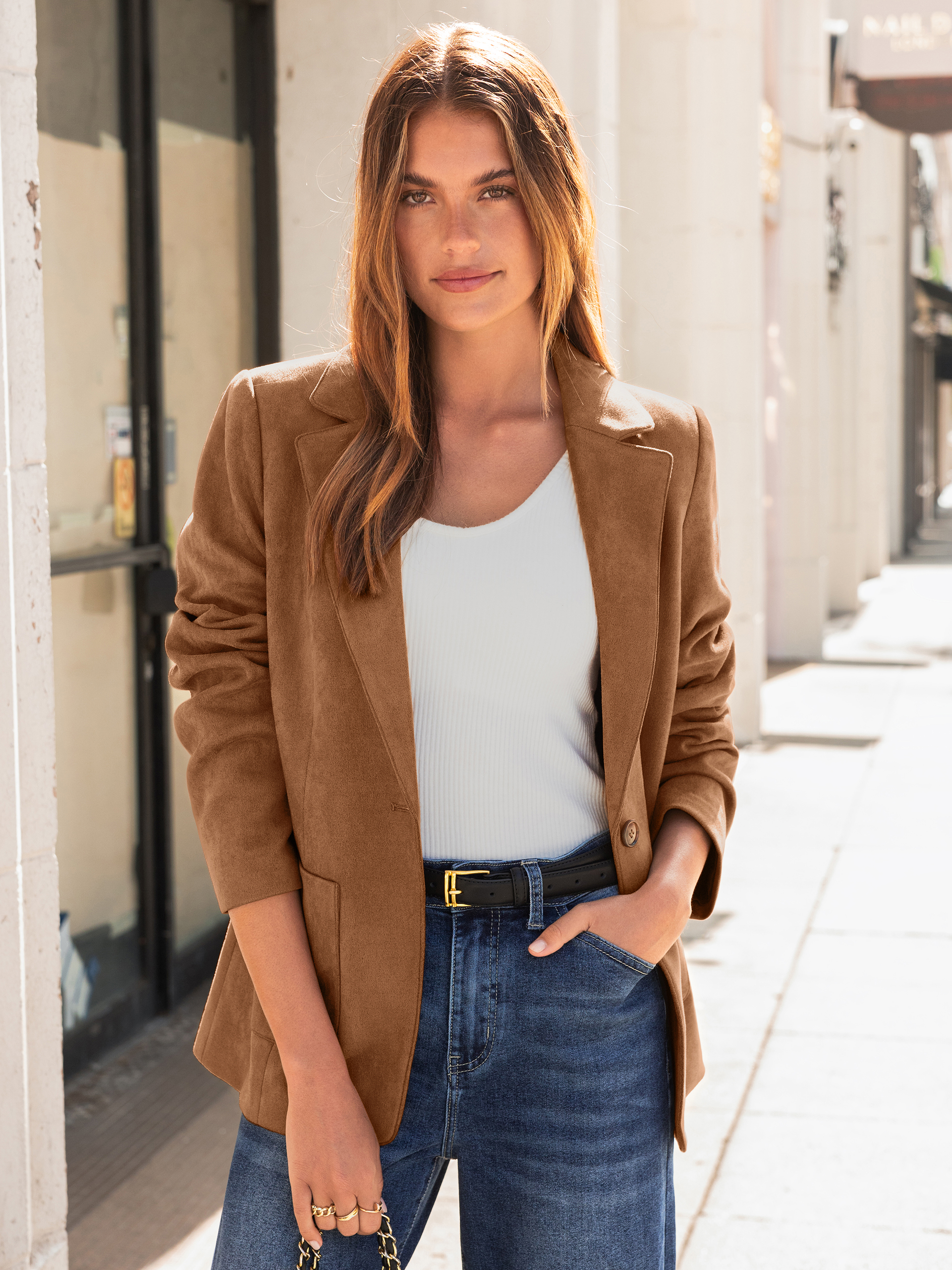 Notch Lapel Faux Suede Single-Button Blazer
