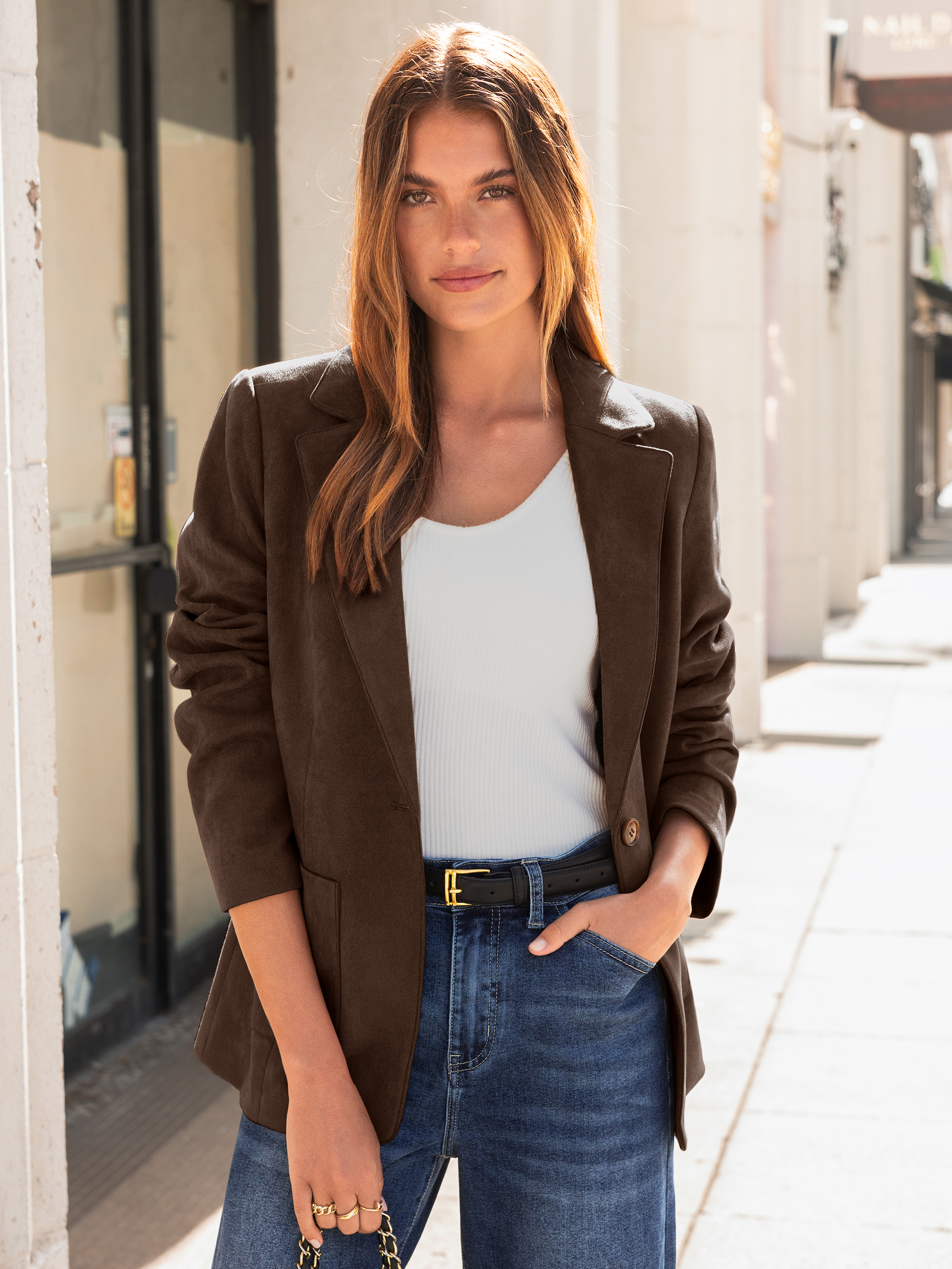 Notch Lapel Faux Suede Single-Button Blazer