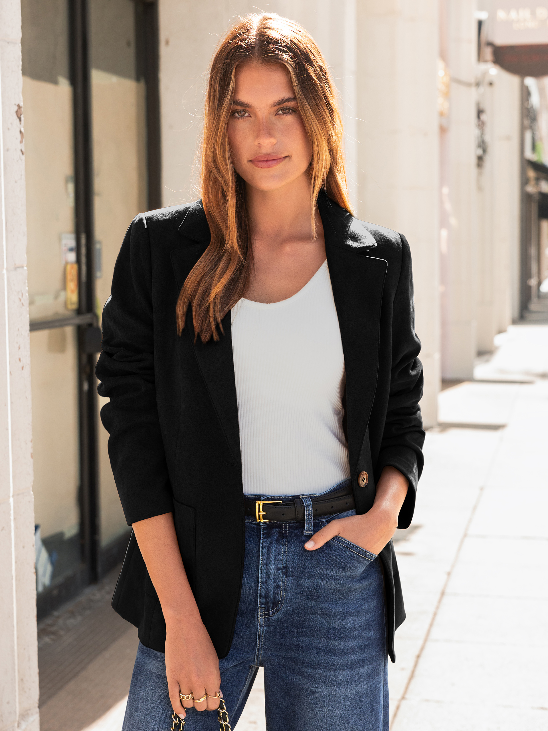 Notch Lapel Faux Suede Single-Button Blazer