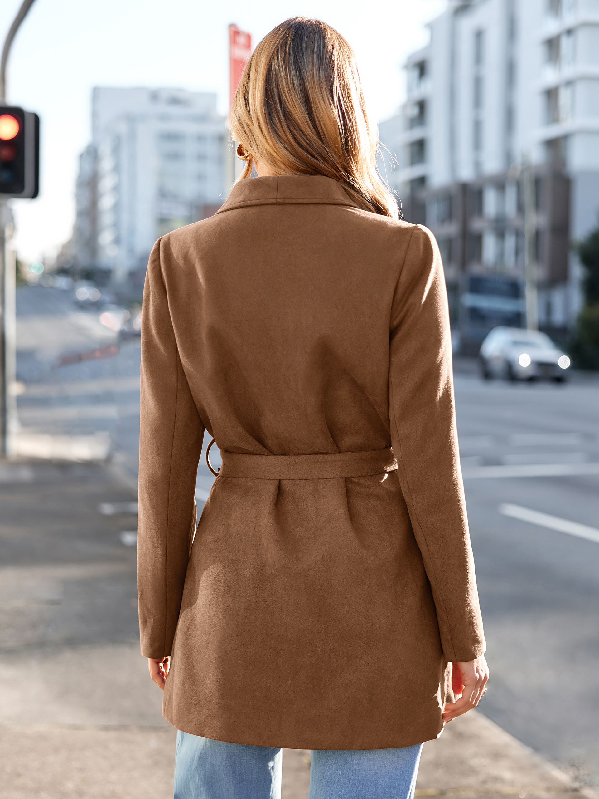 Faux Suede Open-Front Belted Trench Coat