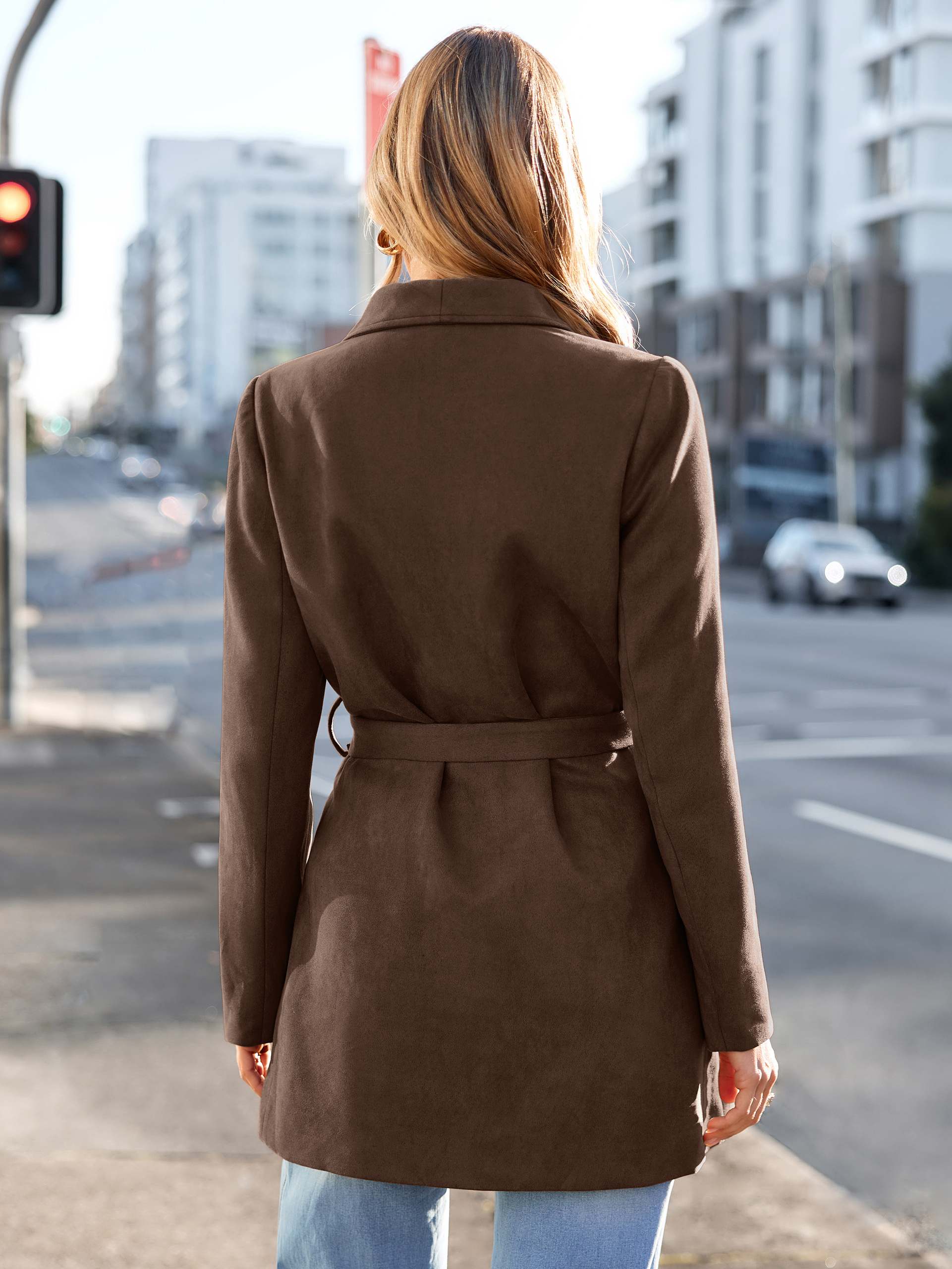 Faux Suede Open-Front Belted Trench Coat