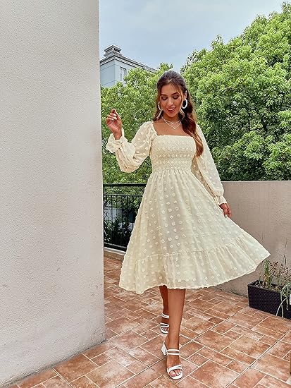 Square Neck Swiss Dot Long Sleeve Shirred Midi Dress - Beige