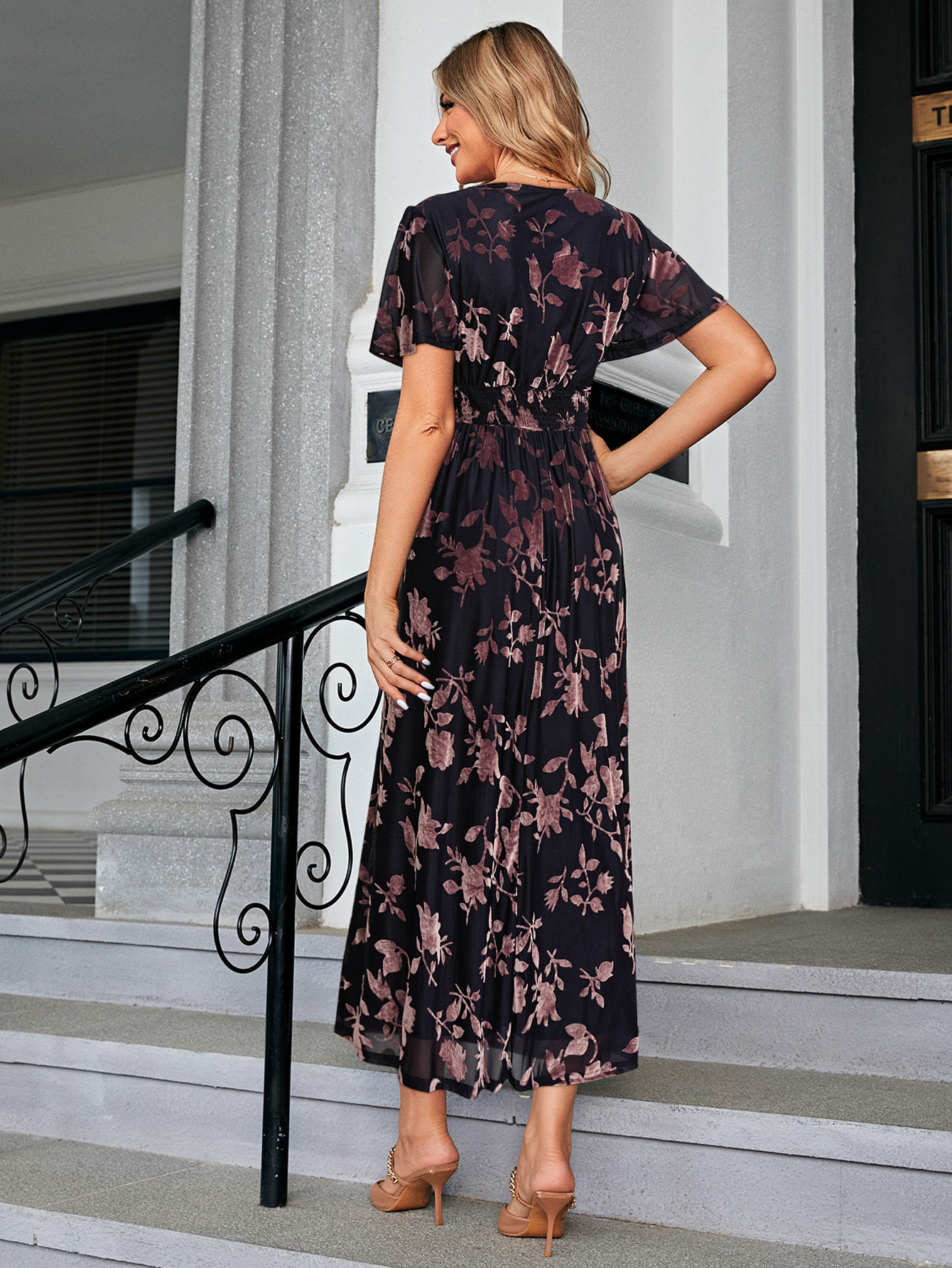 Velvet Burnout Floral V Neck Maxi Dress