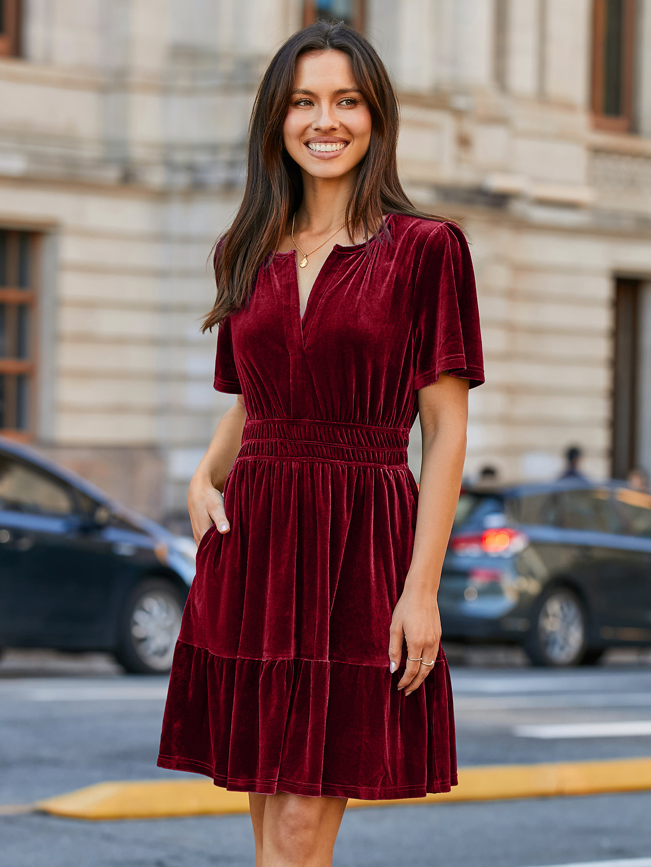 Glossy Velvet Cocktail Mini Dresses with Pockets - Burgundy