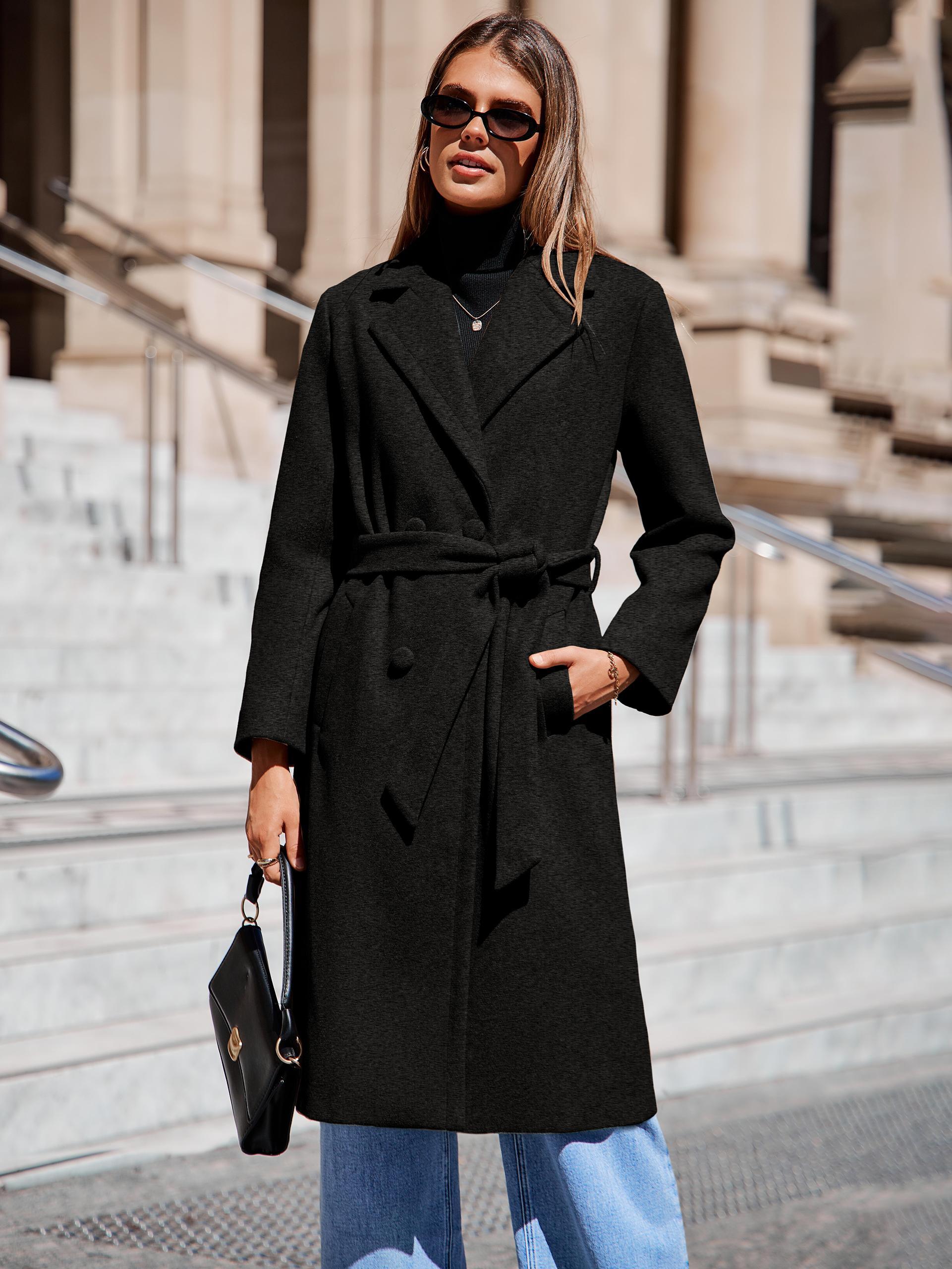 Longline Wool Blend Trench Coat with Belt - Black