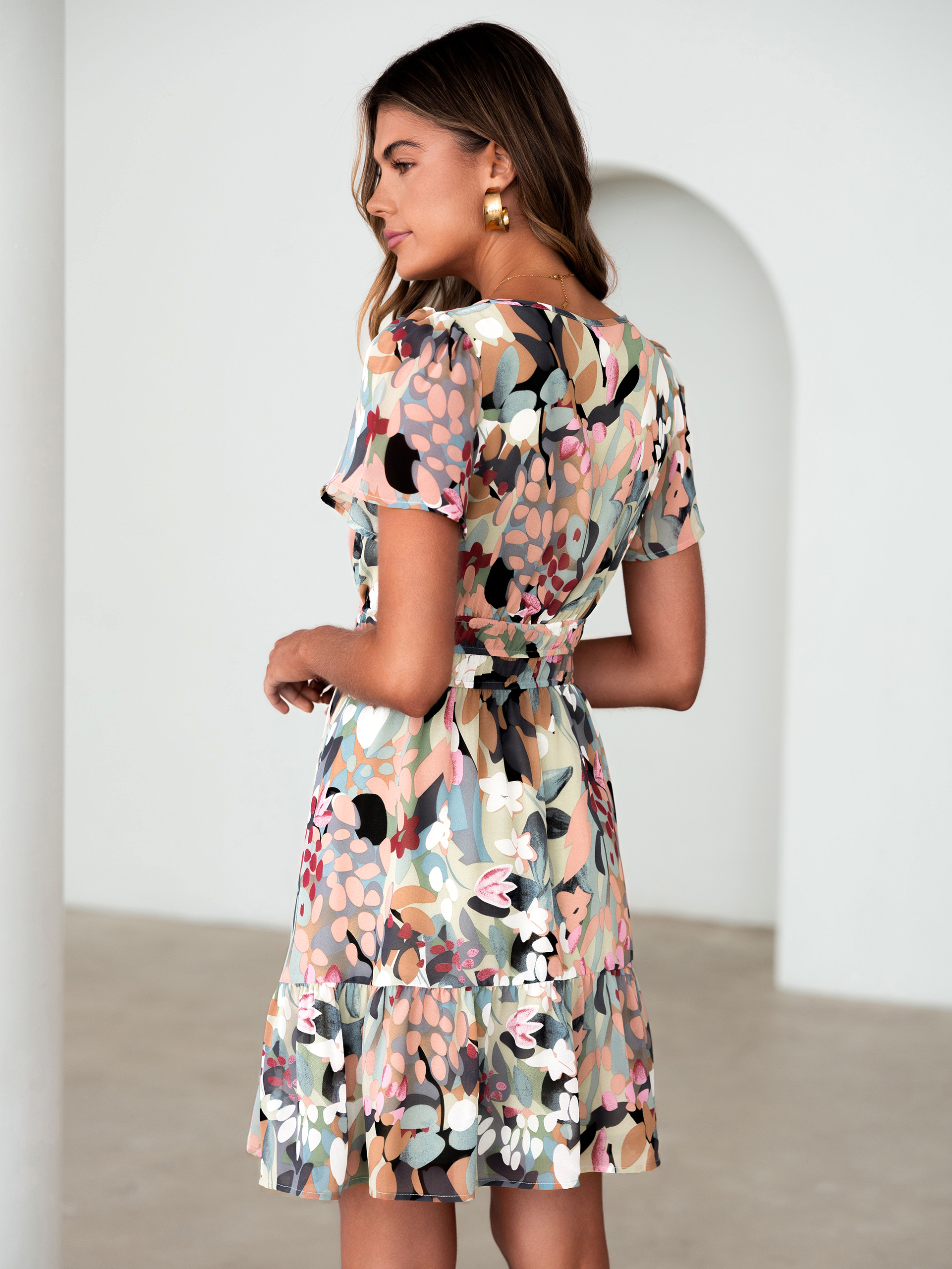 Floral V-Neck Lined Ruffle Tiered Mini Dress - Green Pink Floral