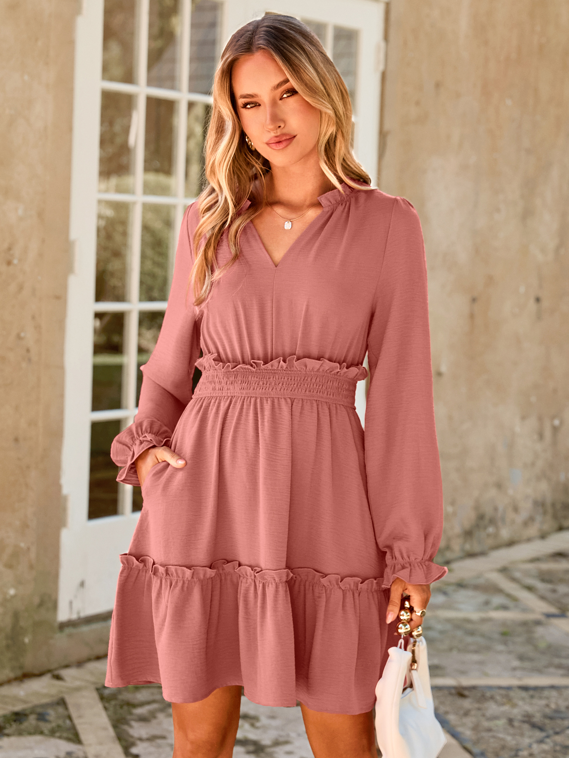 Ruffle V Neck Long Sleeve Mini Dress