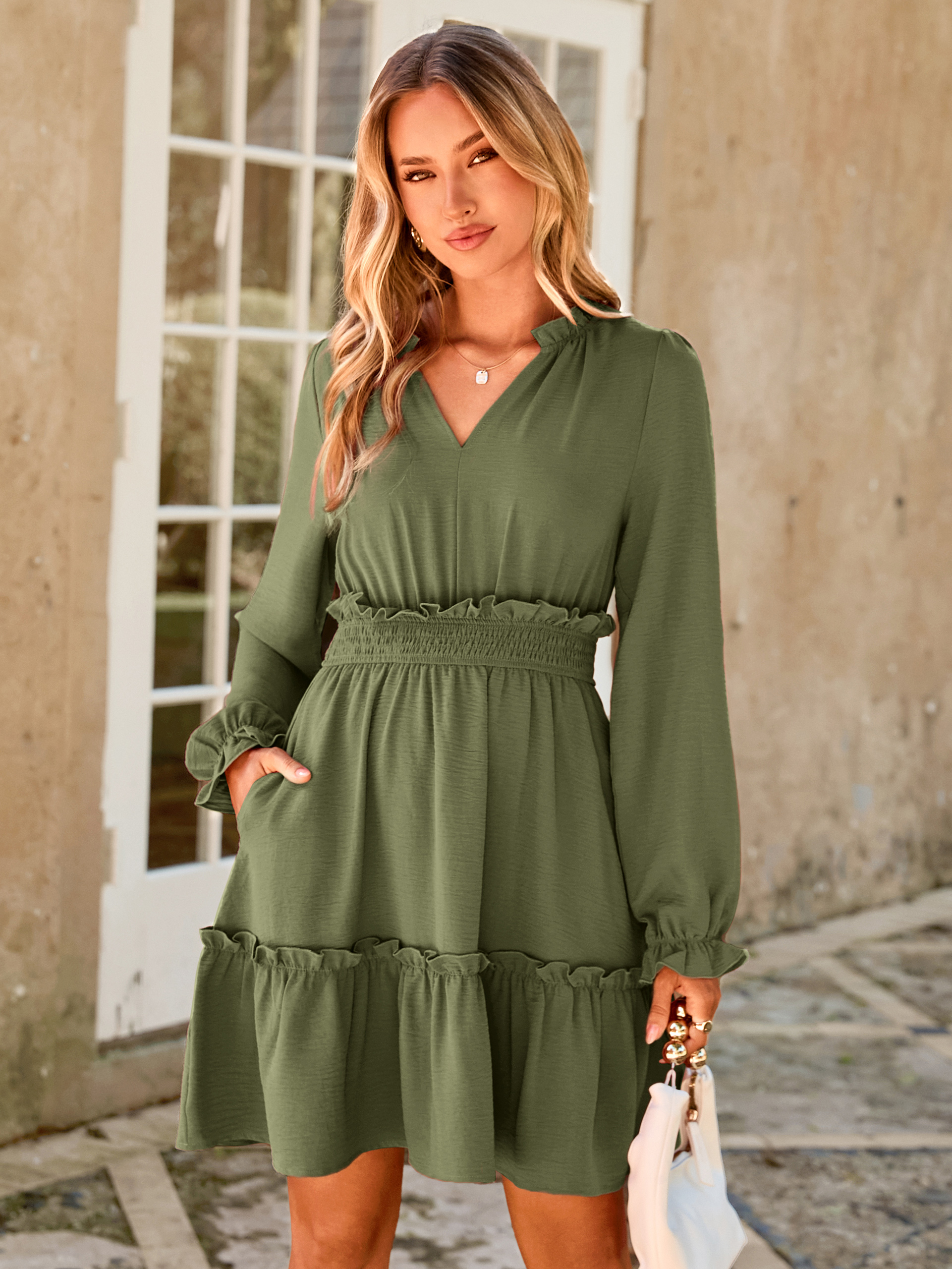 Ruffle V Neck Long Sleeve Mini Dress