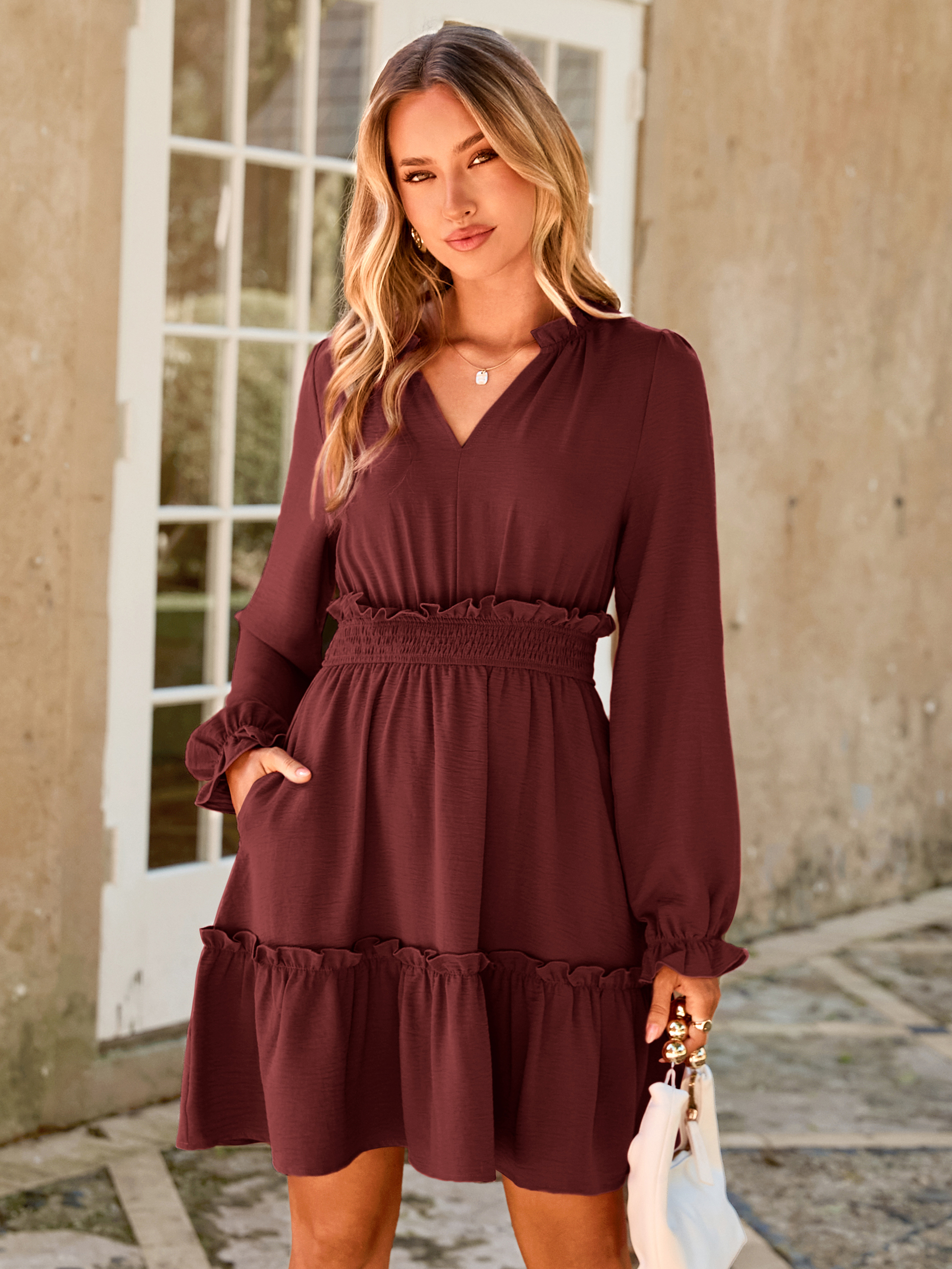 Ruffle V Neck Long Sleeve Mini Dress