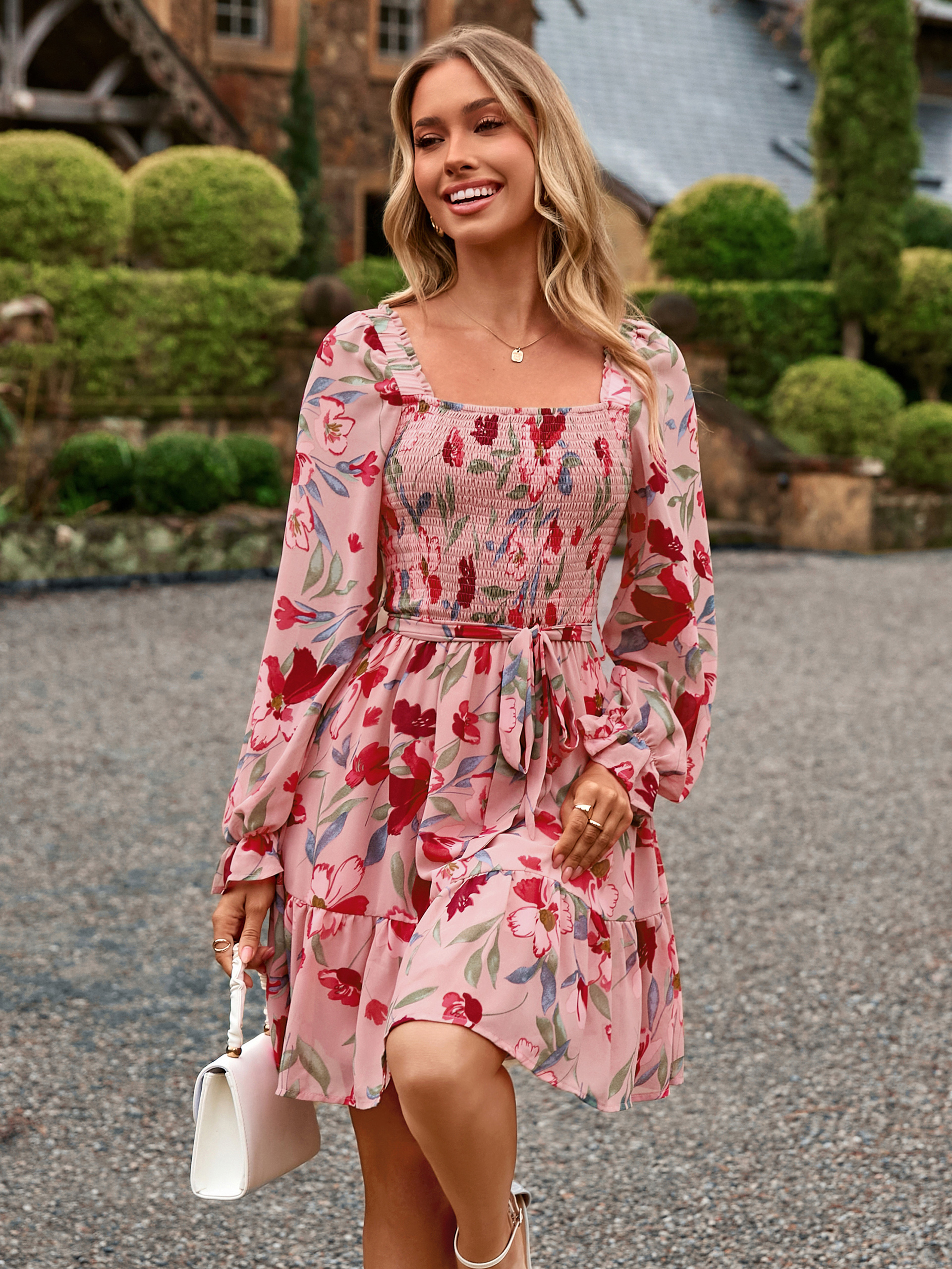 Boho Floral Chiffon Smocked Mini Dress