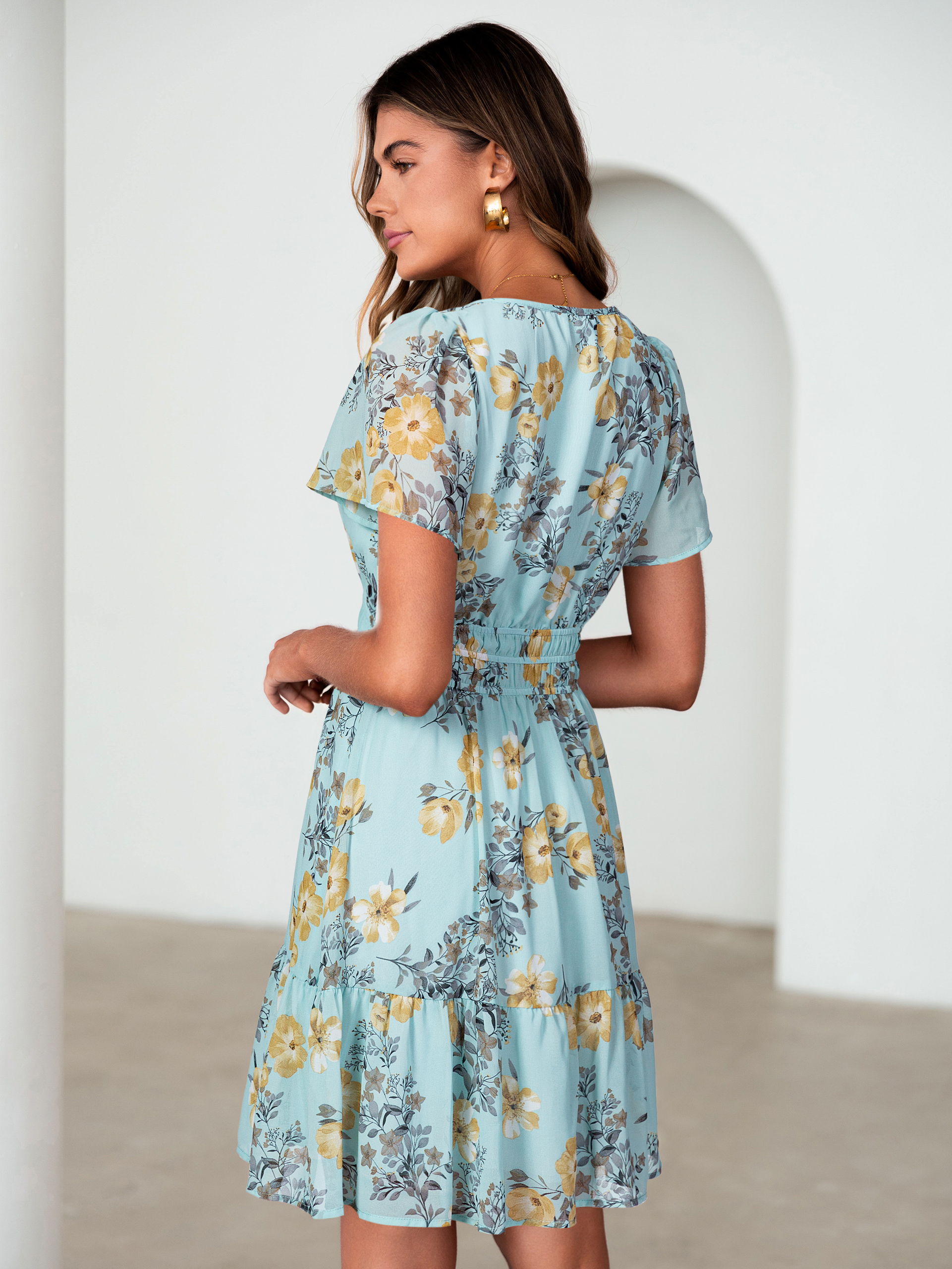 Floral V-Neck Lined Ruffle Tiered Mini Dress - Green Yellow Floral