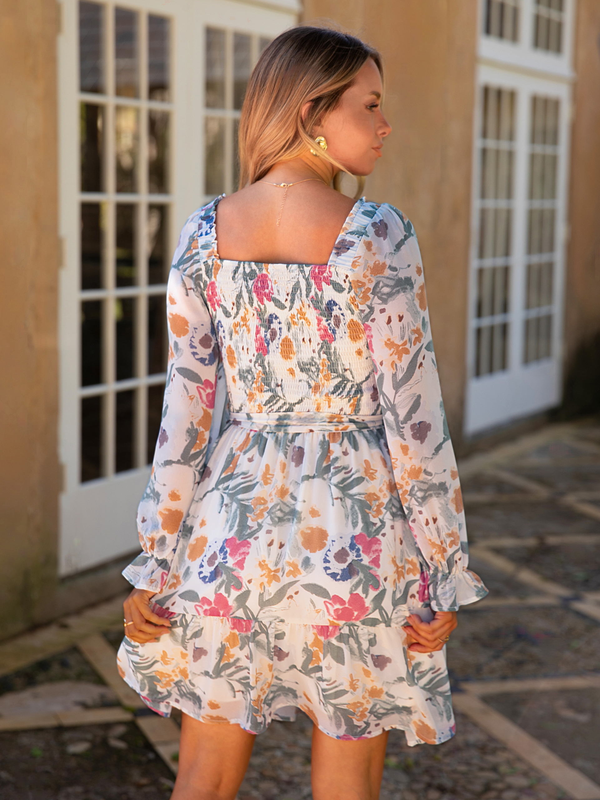 Boho Floral Chiffon Smocked Mini Dress