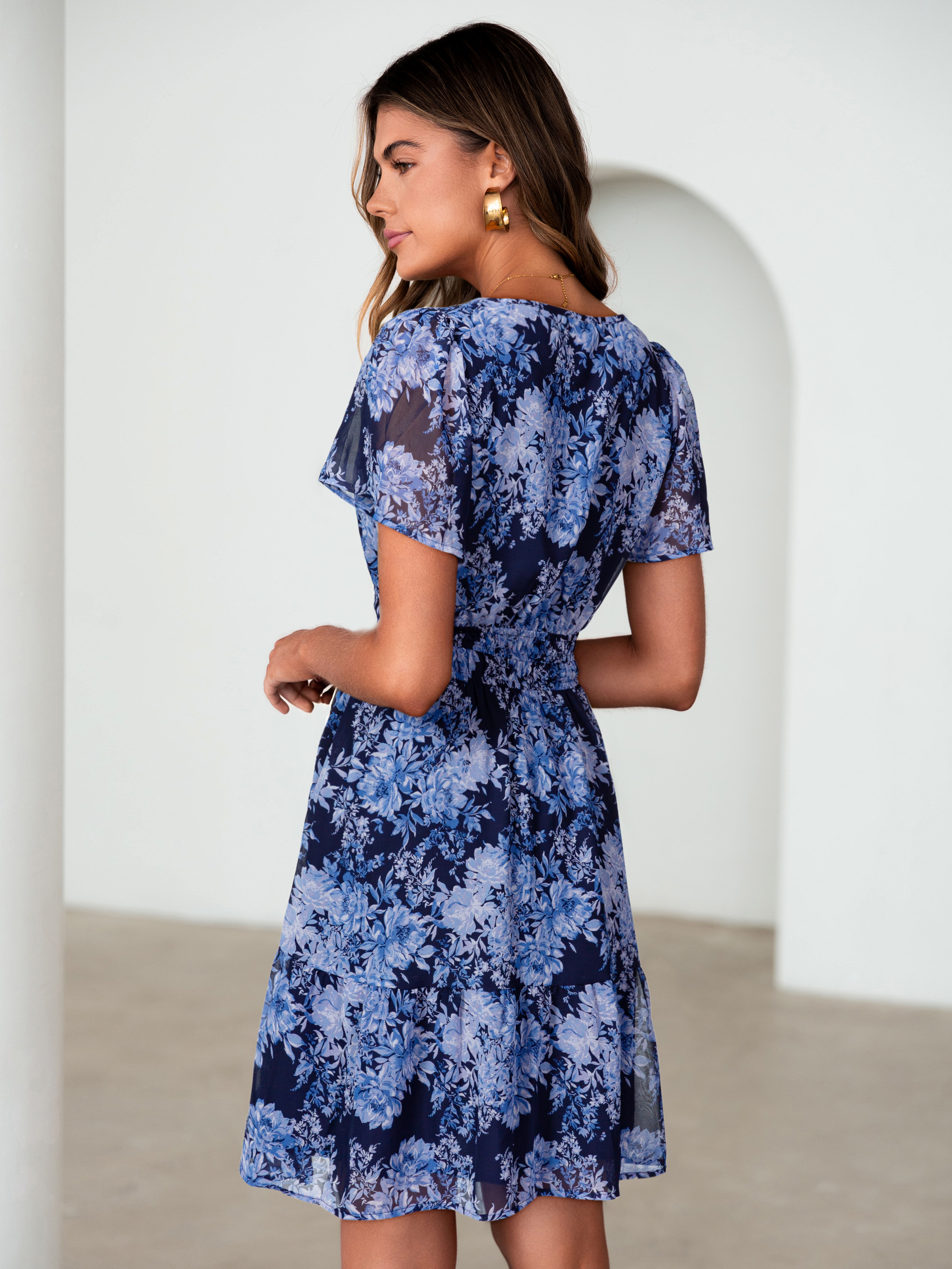 Floral V-Neck Lined Ruffle Tiered Mini Dress - Navy Floral