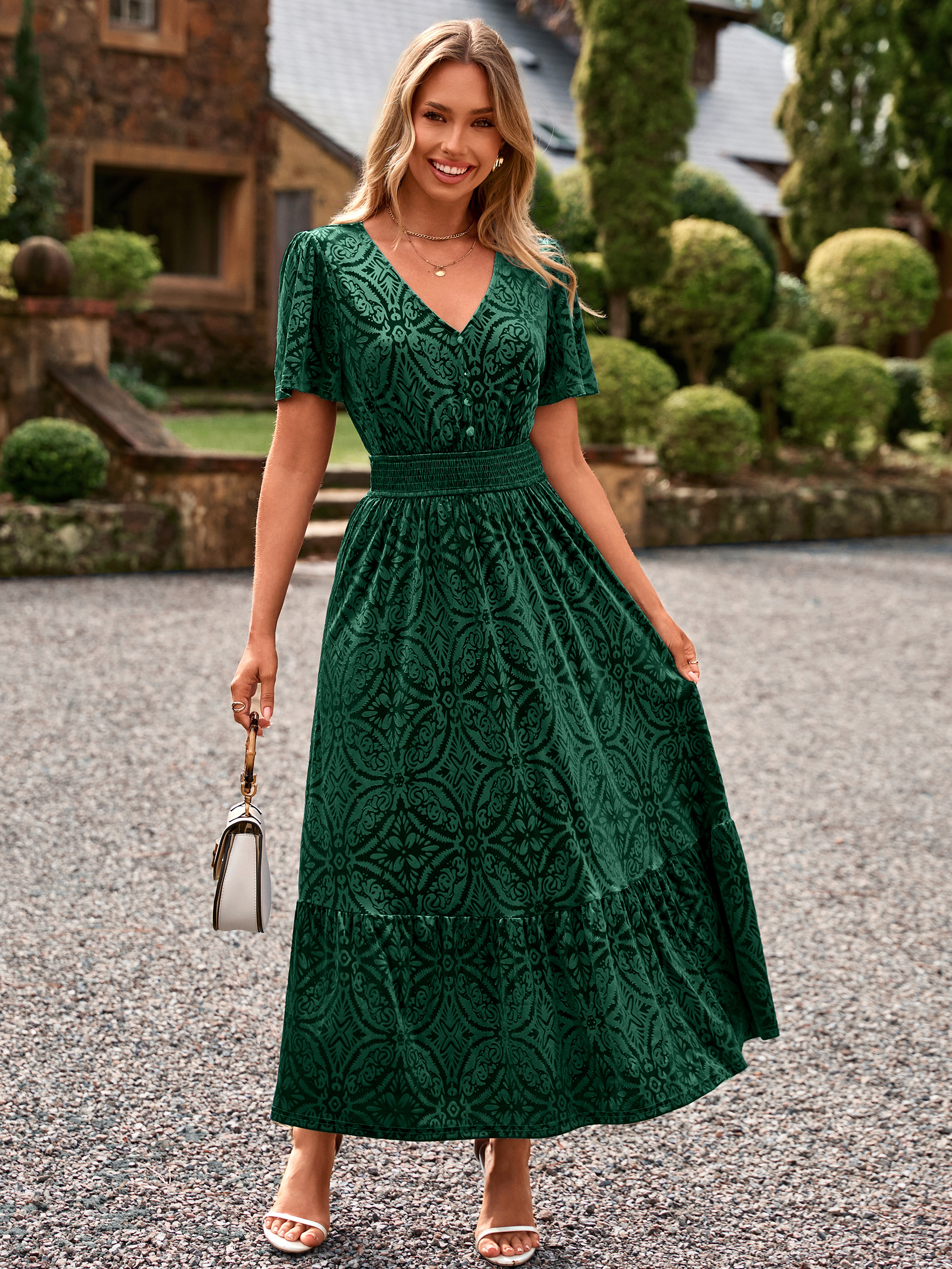 Velvet Floral V Neck Wedding Guest Maxi Dress