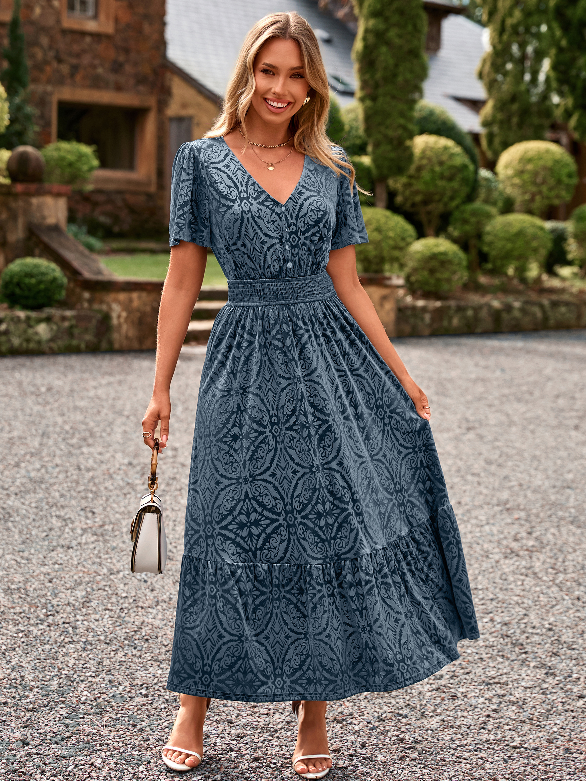 Velvet Floral V Neck Wedding Guest Maxi Dress