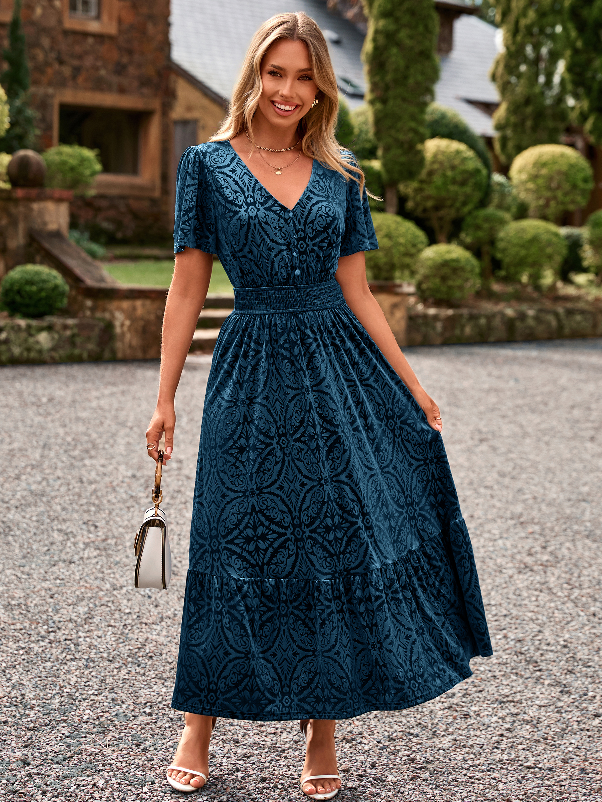 Velvet Floral V Neck Wedding Guest Maxi Dress