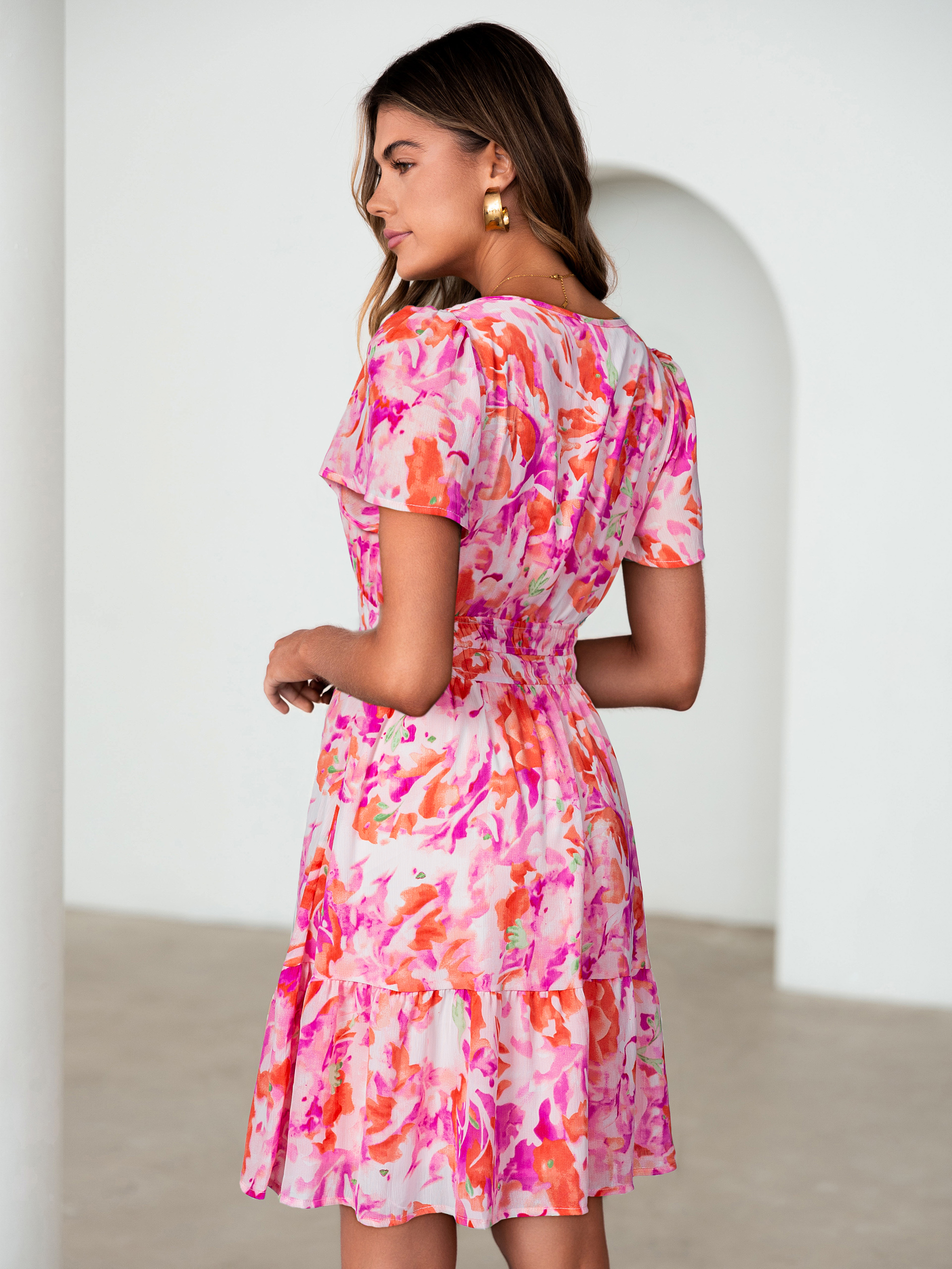 Floral V-Neck Lined Ruffle Tiered Mini Dress - Pink Orange Floral