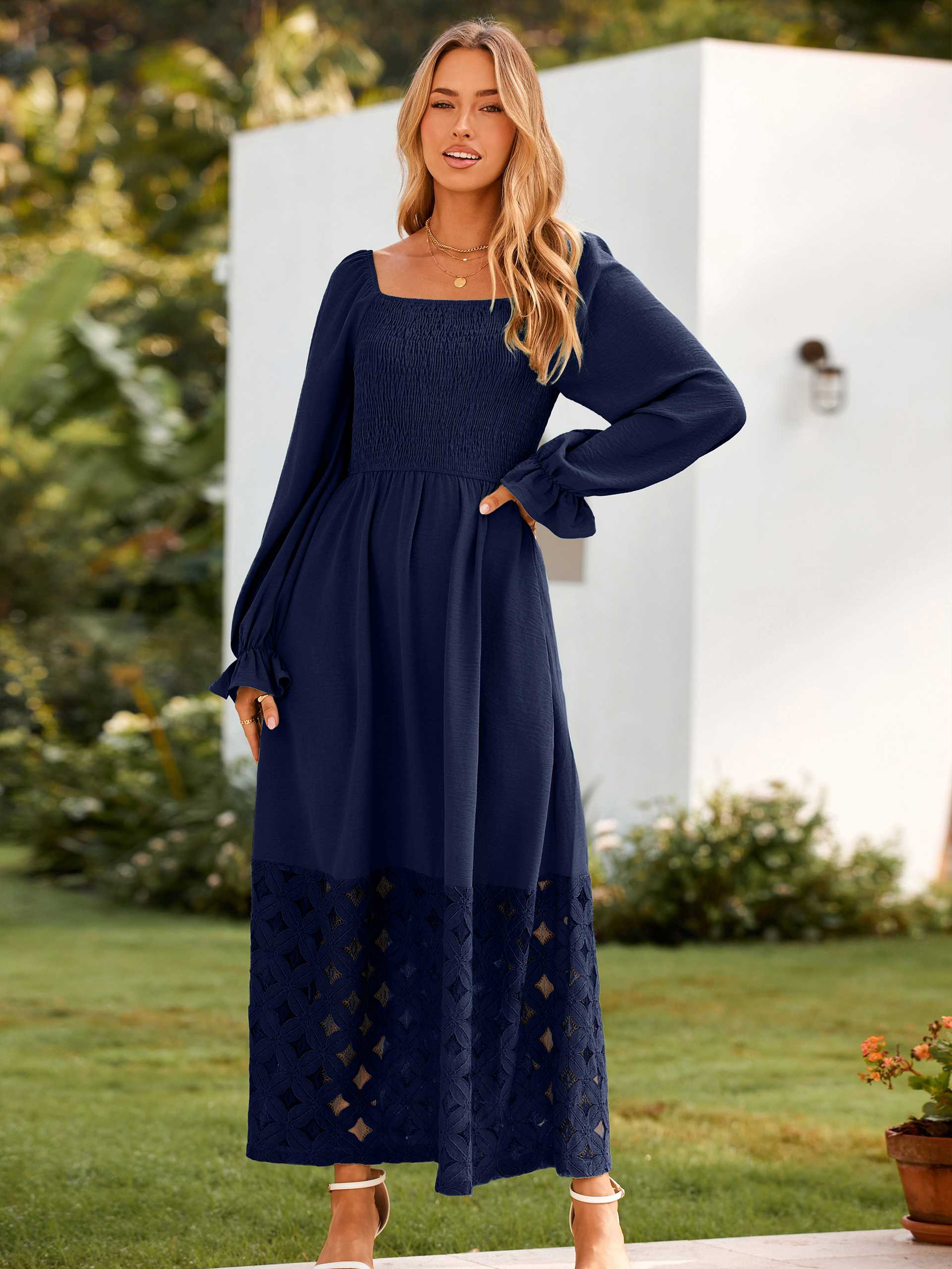 Boho Flowy Square Neck Wedding Guest Maxi Dress