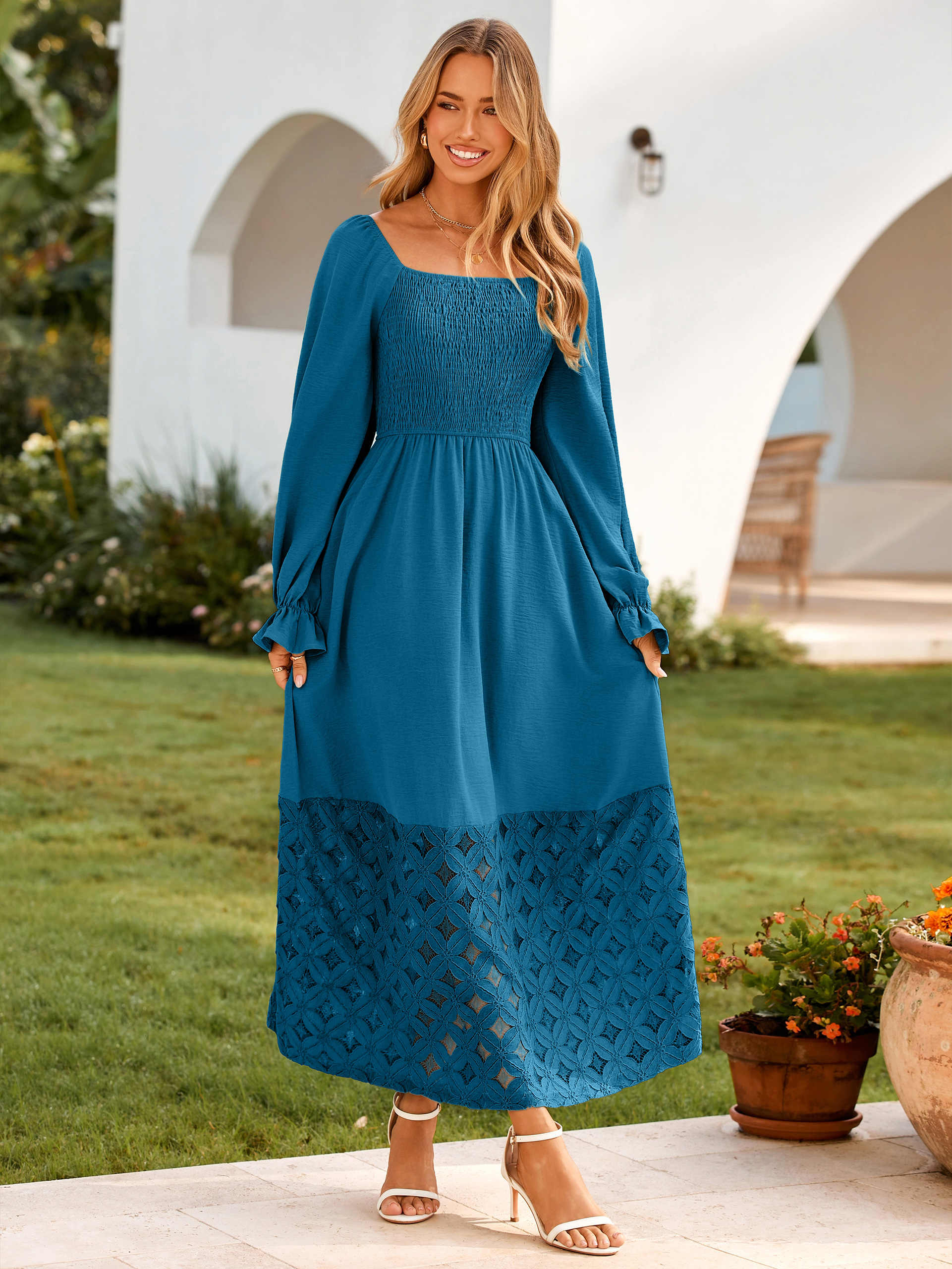 Boho Flowy Square Neck Wedding Guest Maxi Dress