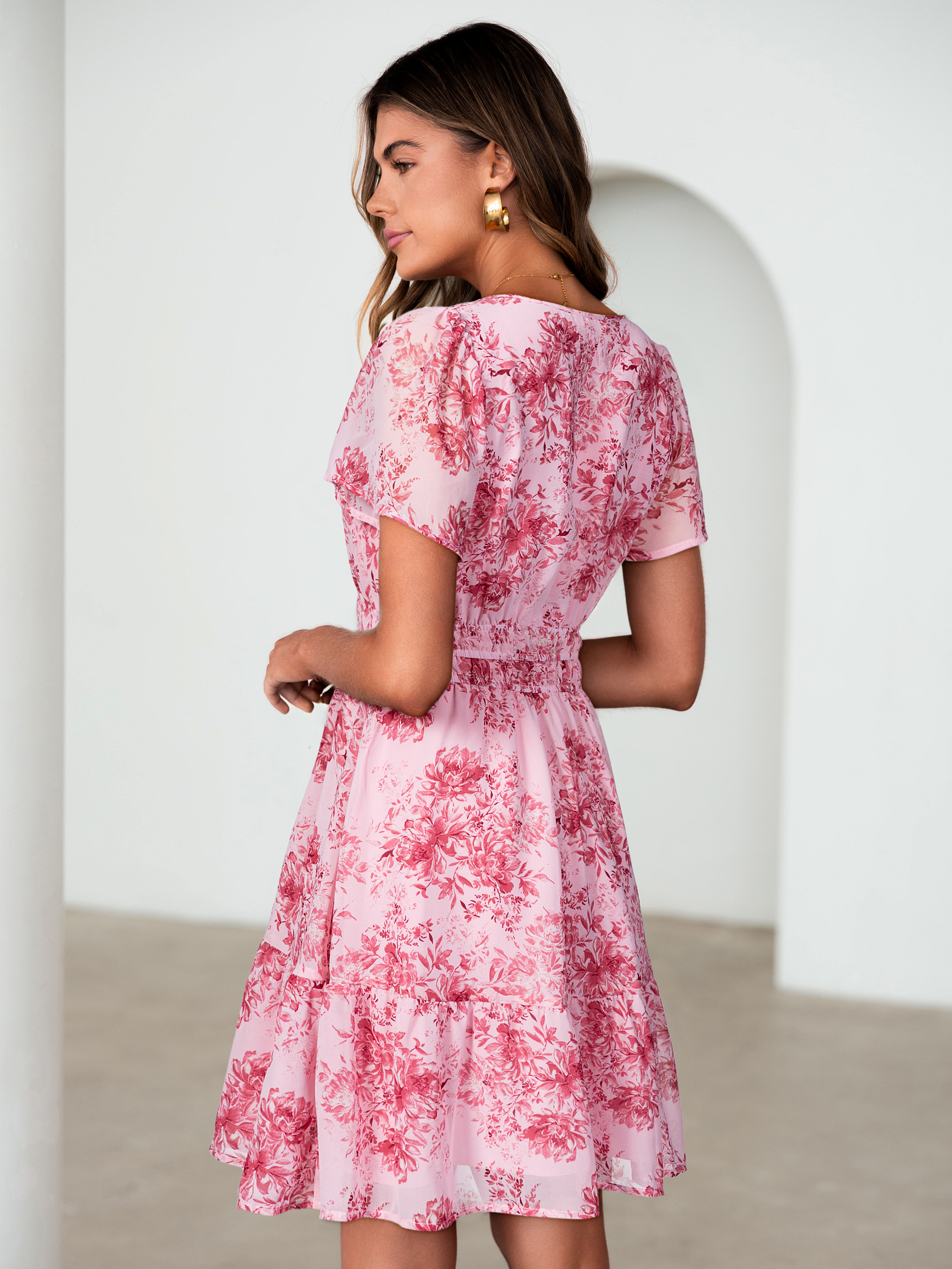 Floral V-Neck Lined Ruffle Tiered Mini Dress - Cream Pink Floral