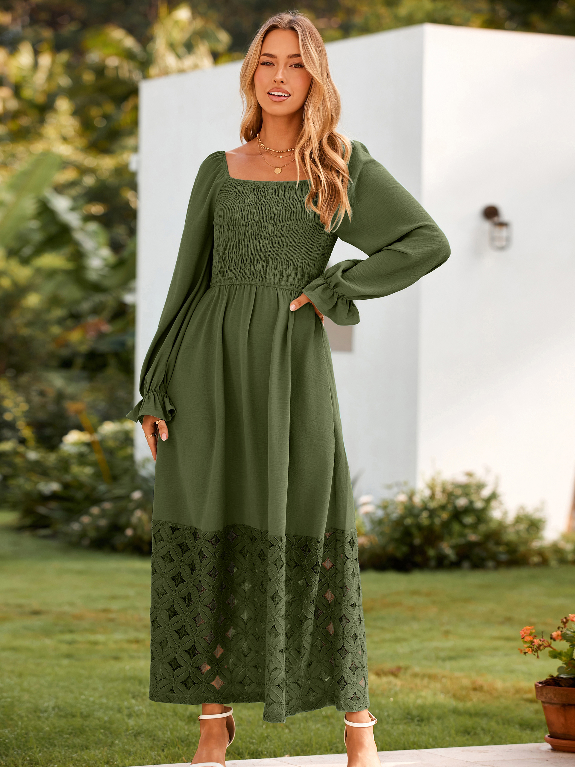 Boho Flowy Square Neck Wedding Guest Maxi Dress
