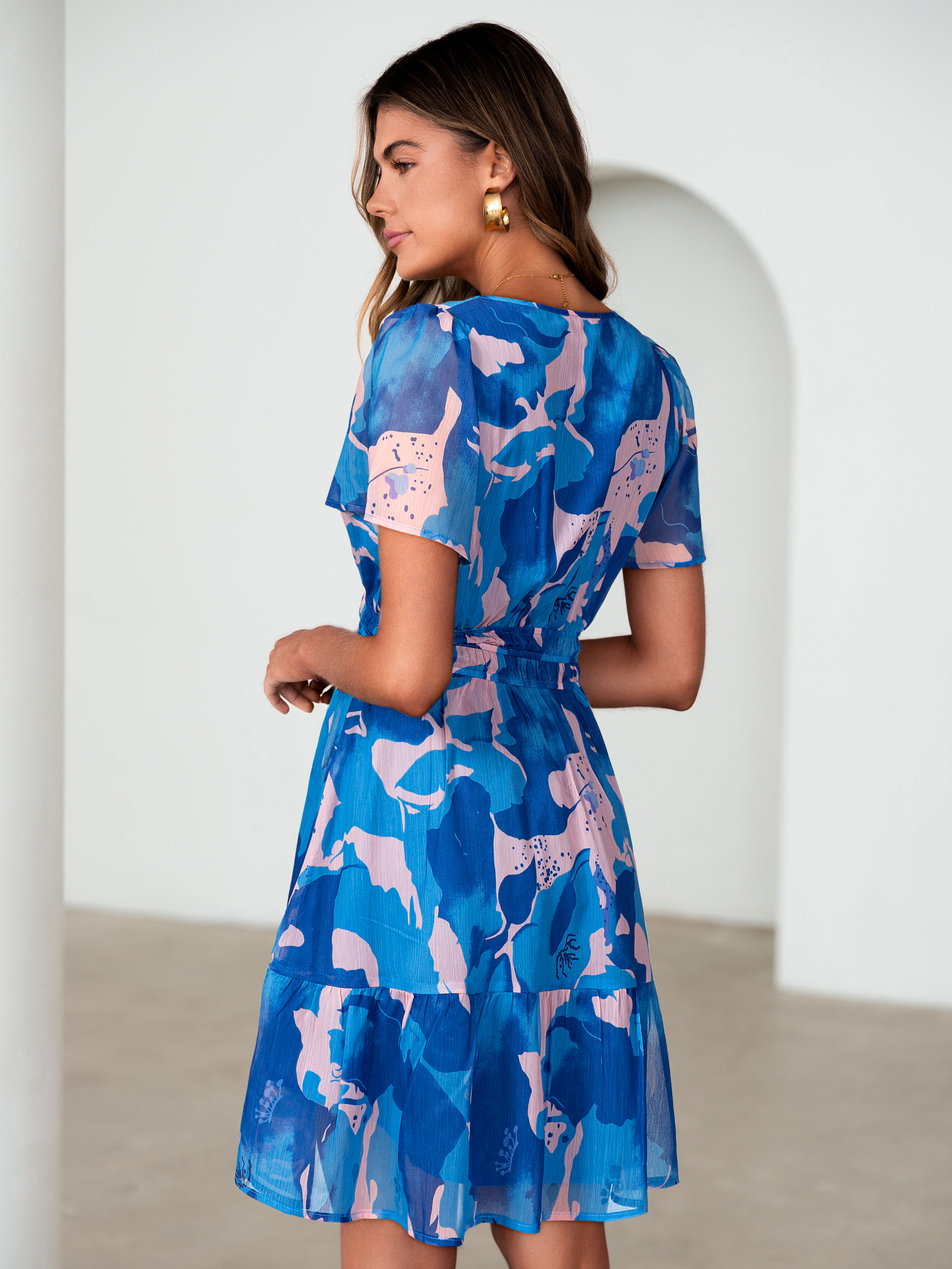 Floral V-Neck Lined Ruffle Tiered Mini Dress - Blue Pink Floral