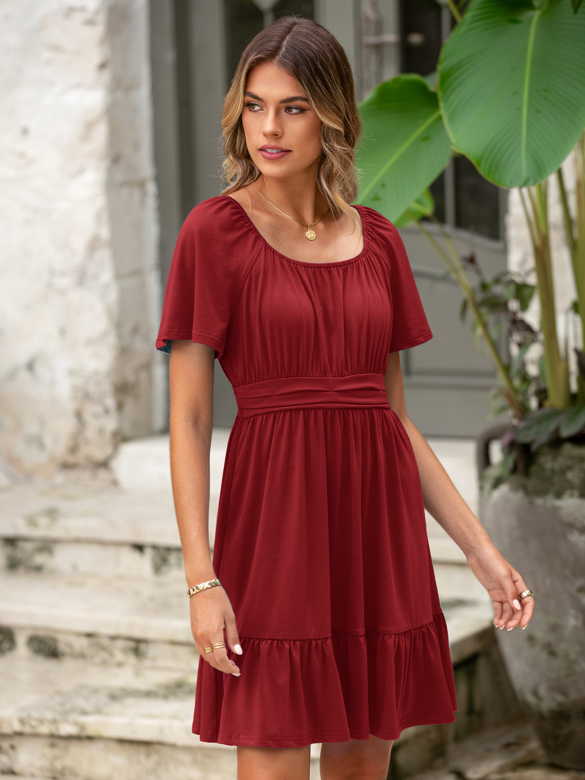 Square Neck Stretchy Tiered Waist Midi Dress