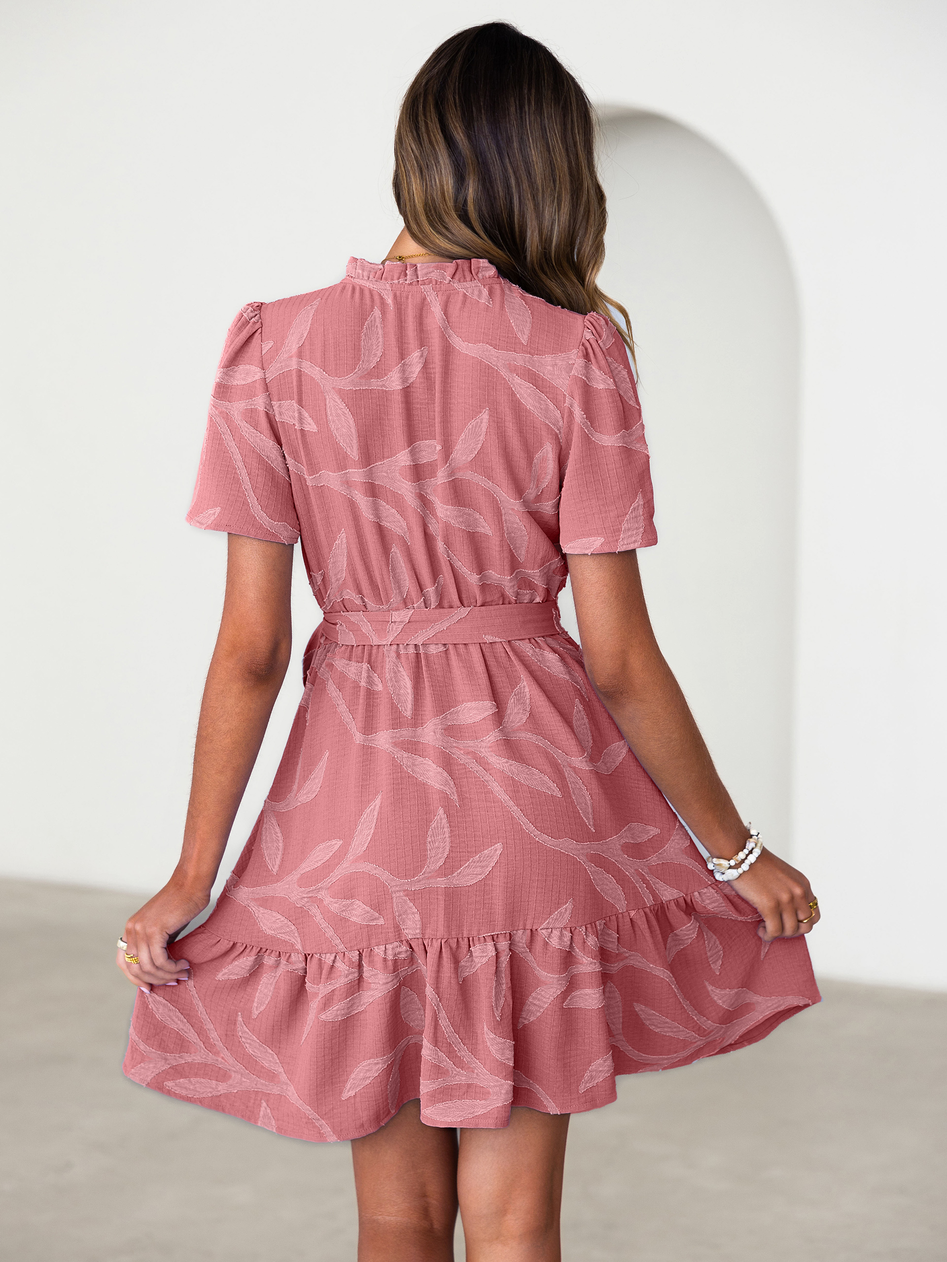 V-Neck Burnout Tie Waist Ruffle Mini Dress - Rust Pink