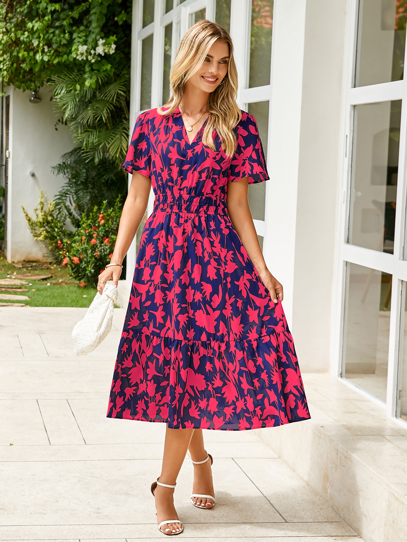 Boho Floral Smocked Waist Tiered Midi Dress