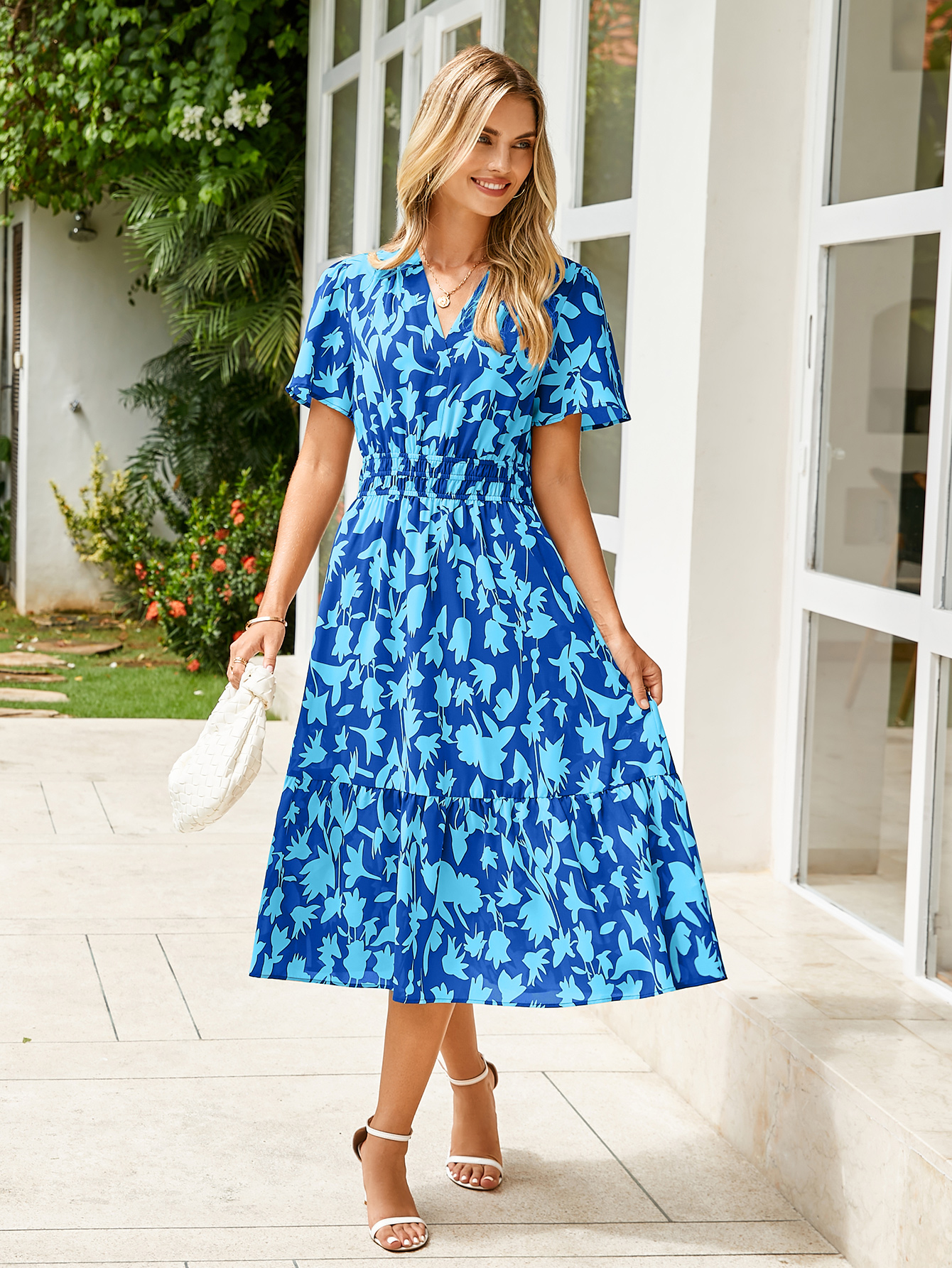 Boho Floral Smocked Waist Tiered Midi Dress