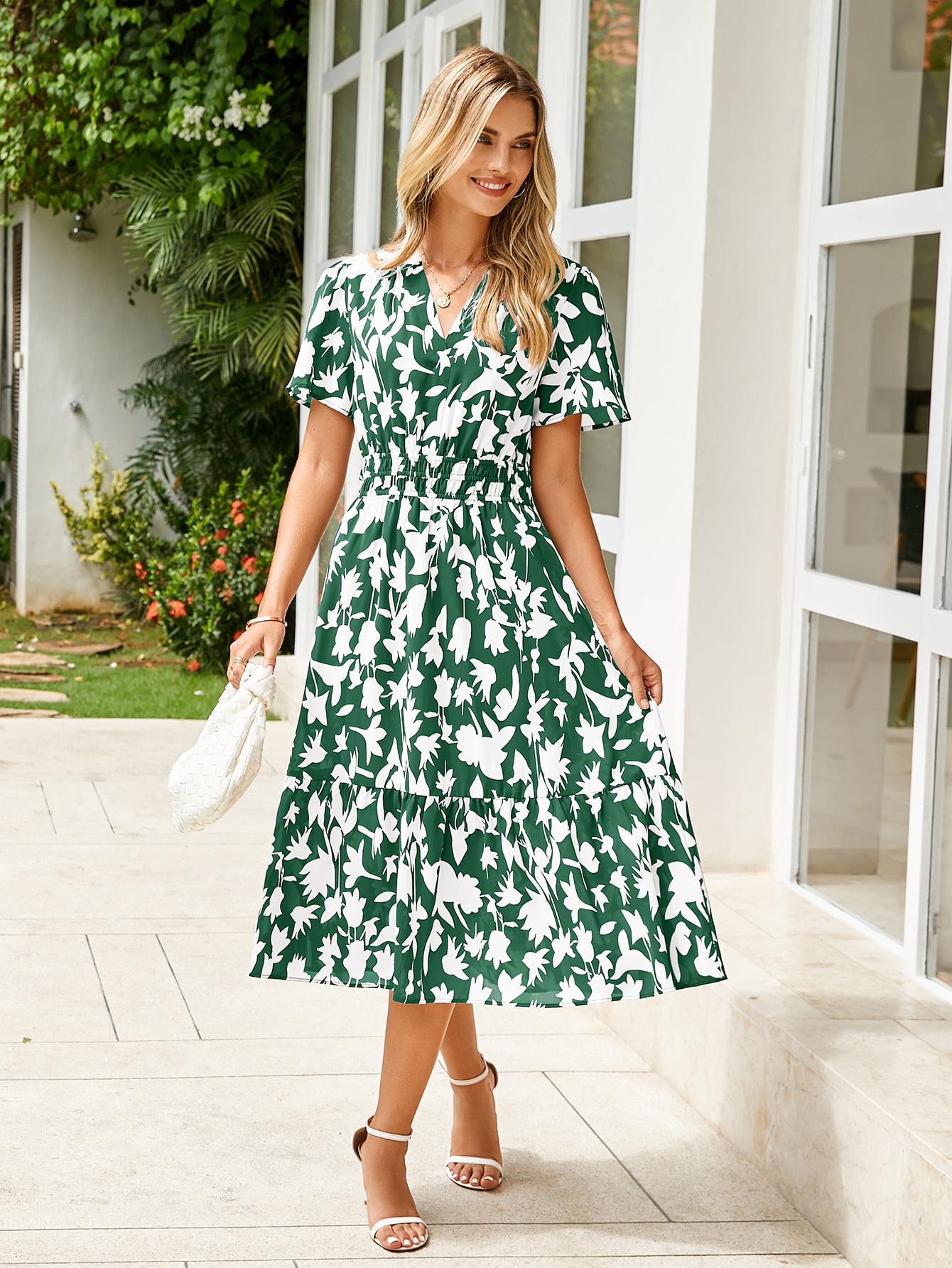Boho Floral Smocked Waist Tiered Midi Dress